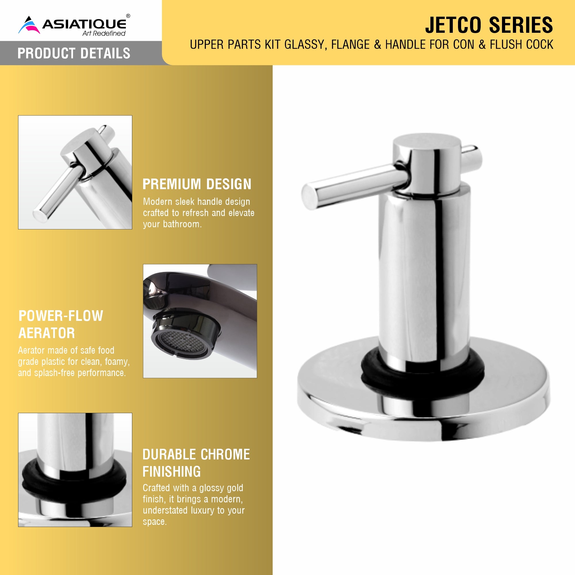 Asiatique Upper parts Kit Glassy, Flange & Handle for Con. & Flush Cock (J-021U), Jetco Series Bathroom & Kitchen Faucets | Premium Modern Tap Collection