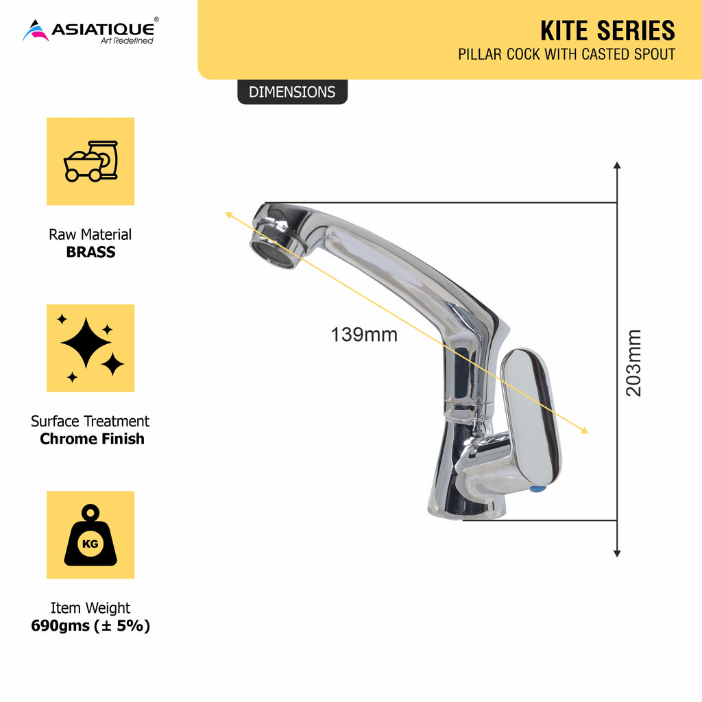 Asiatique Pillar Cock With Casted Spout (K-001), KITE Series Bathroom & Kitchen Faucets | Premium Modern Tap Collection