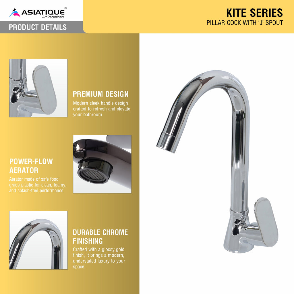 Asiatique Pillar Cock With ‘J’ Spout (K-002), KITE Series Bathroom & Kitchen Faucets | Premium Modern Tap Collection
