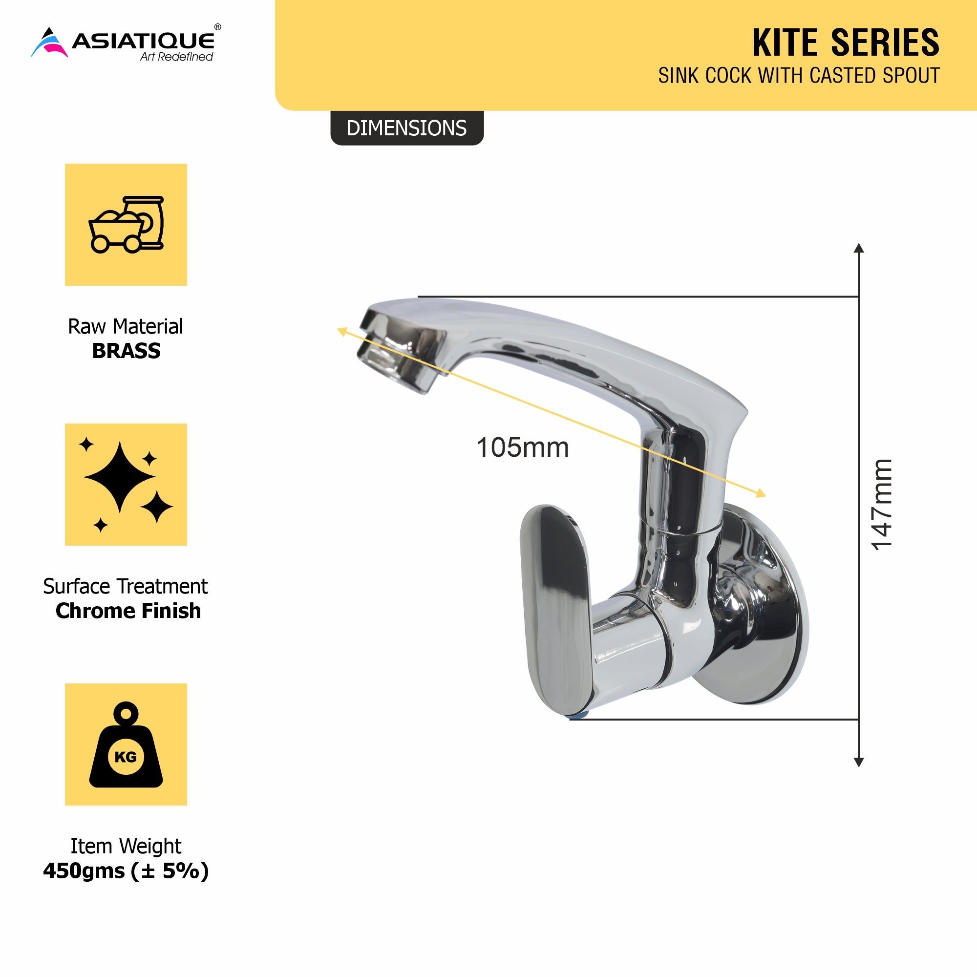 Asiatique Sink Cock With Casted Spout (K-007), KITE Series Bathroom & Kitchen Faucets | Premium Modern Tap Collection