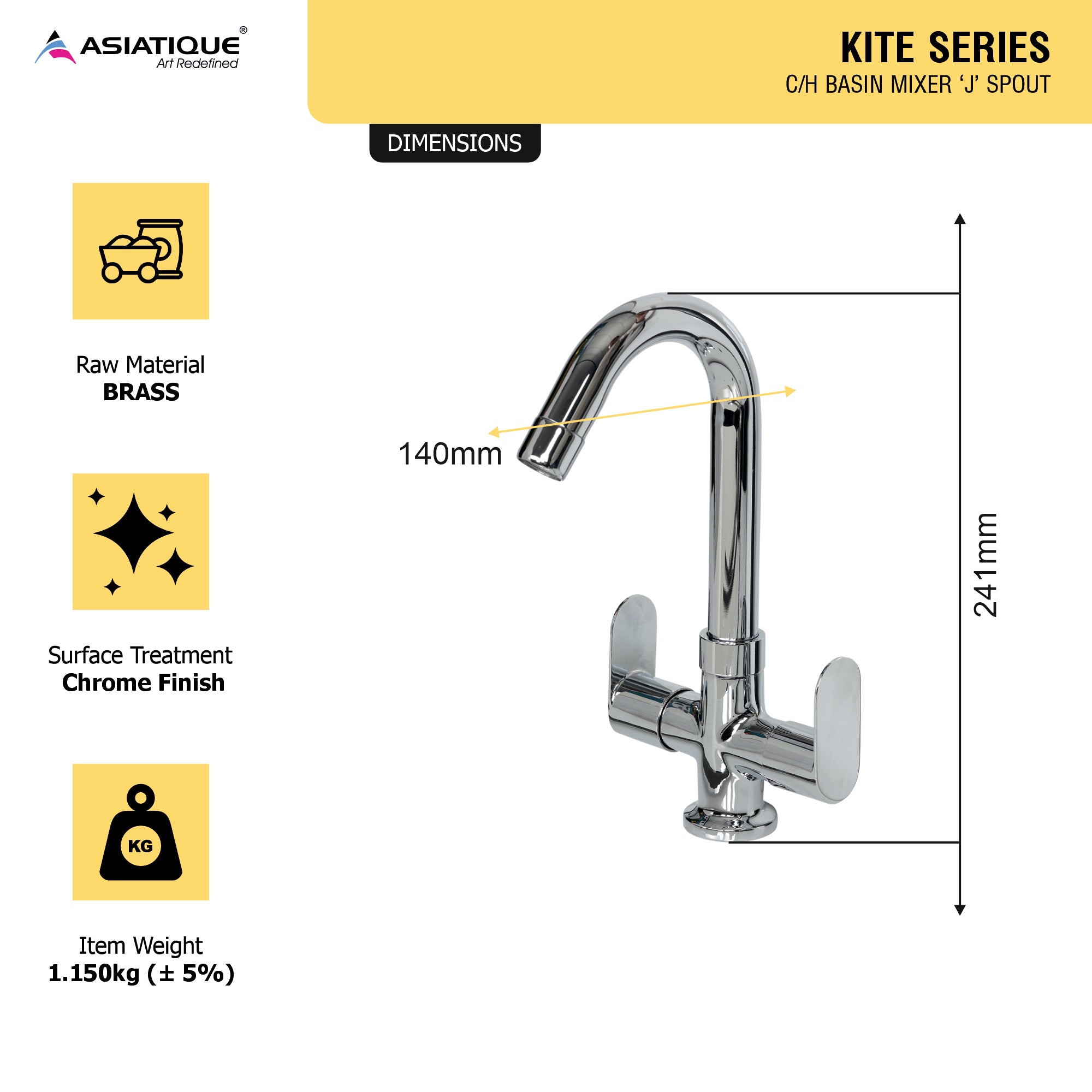 Asiatique C/H Basin Mixer ‘J’ Spout (K-011), KITE Series Bathroom & Kitchen Faucets | Premium Modern Tap Collection
