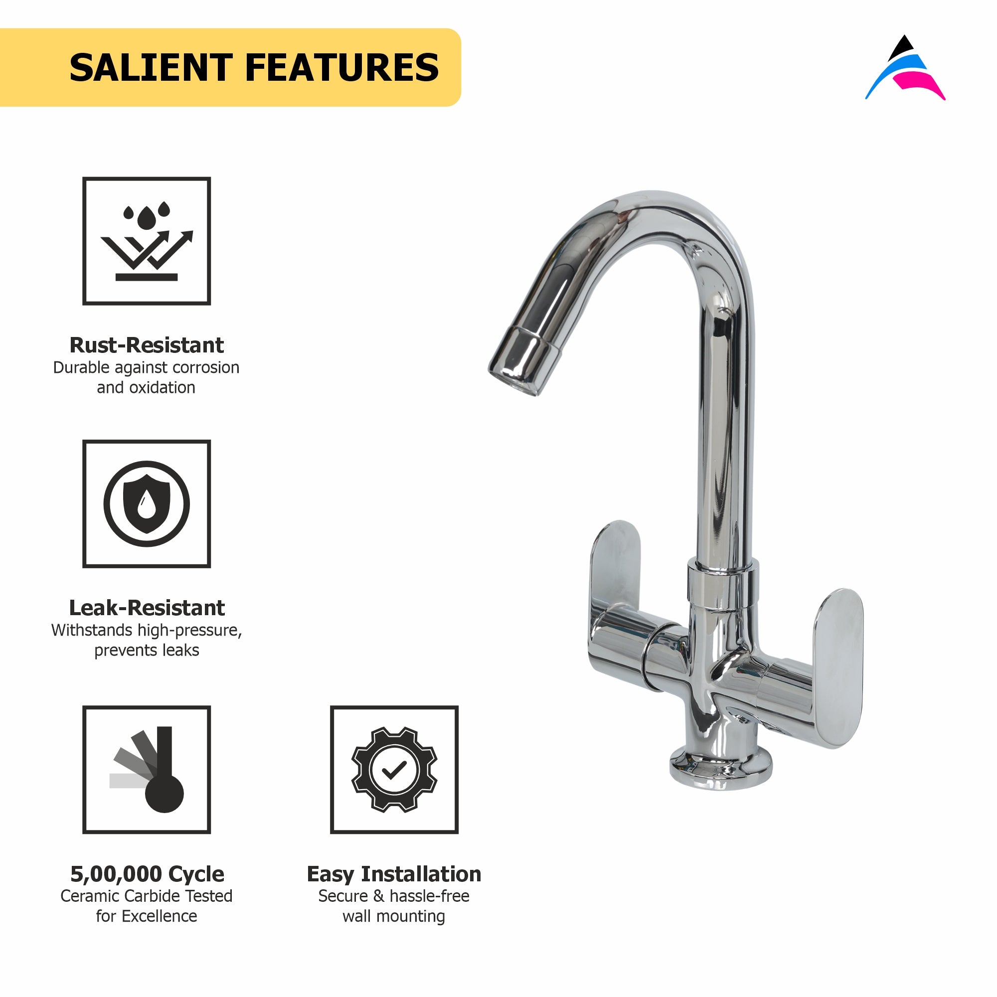 Asiatique C/H Basin Mixer ‘J’ Spout (K-011), KITE Series Bathroom & Kitchen Faucets | Premium Modern Tap Collection