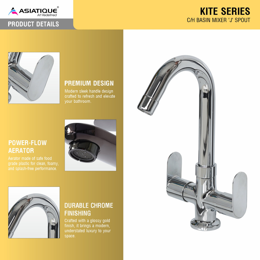 Asiatique C/H Basin Mixer ‘J’ Spout (K-011), KITE Series Bathroom & Kitchen Faucets | Premium Modern Tap Collection