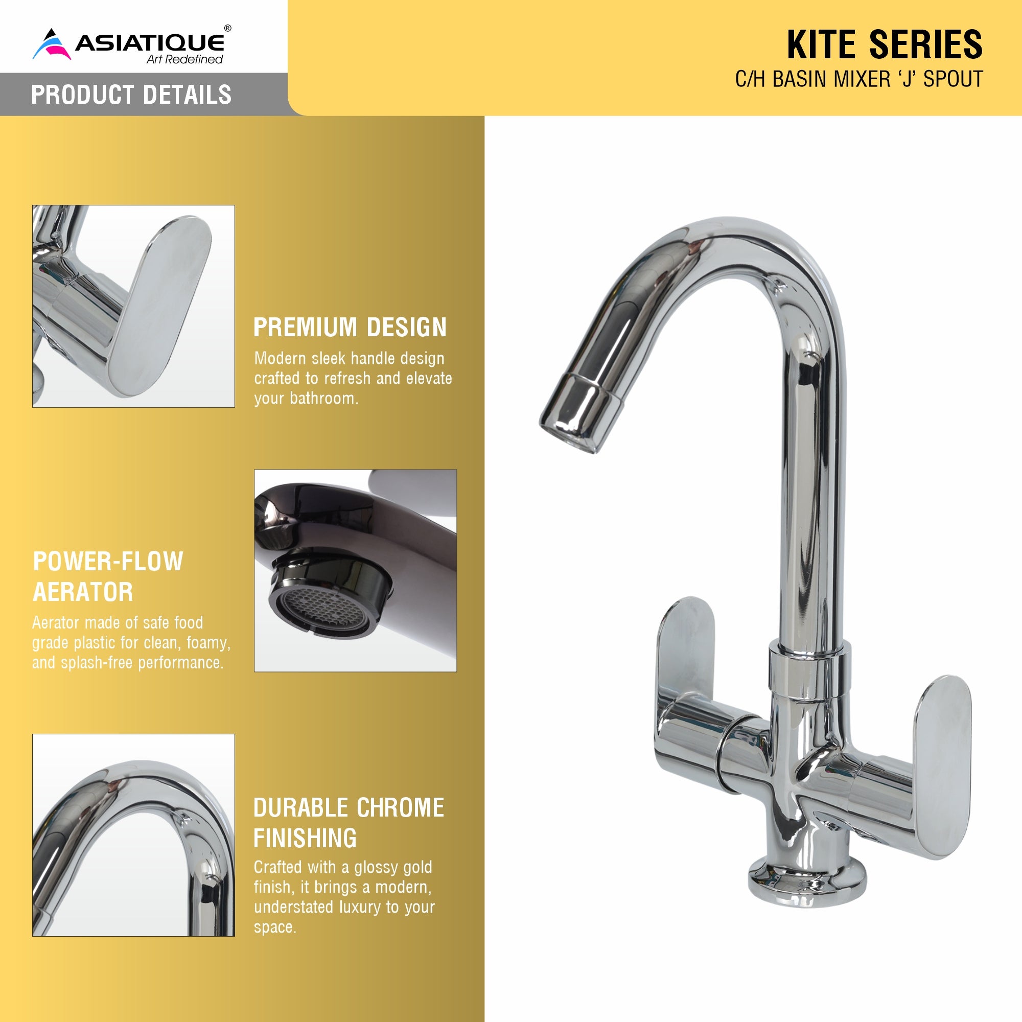 Asiatique C/H Basin Mixer ‘J’ Spout (K-011), KITE Series Bathroom & Kitchen Faucets | Premium Modern Tap Collection