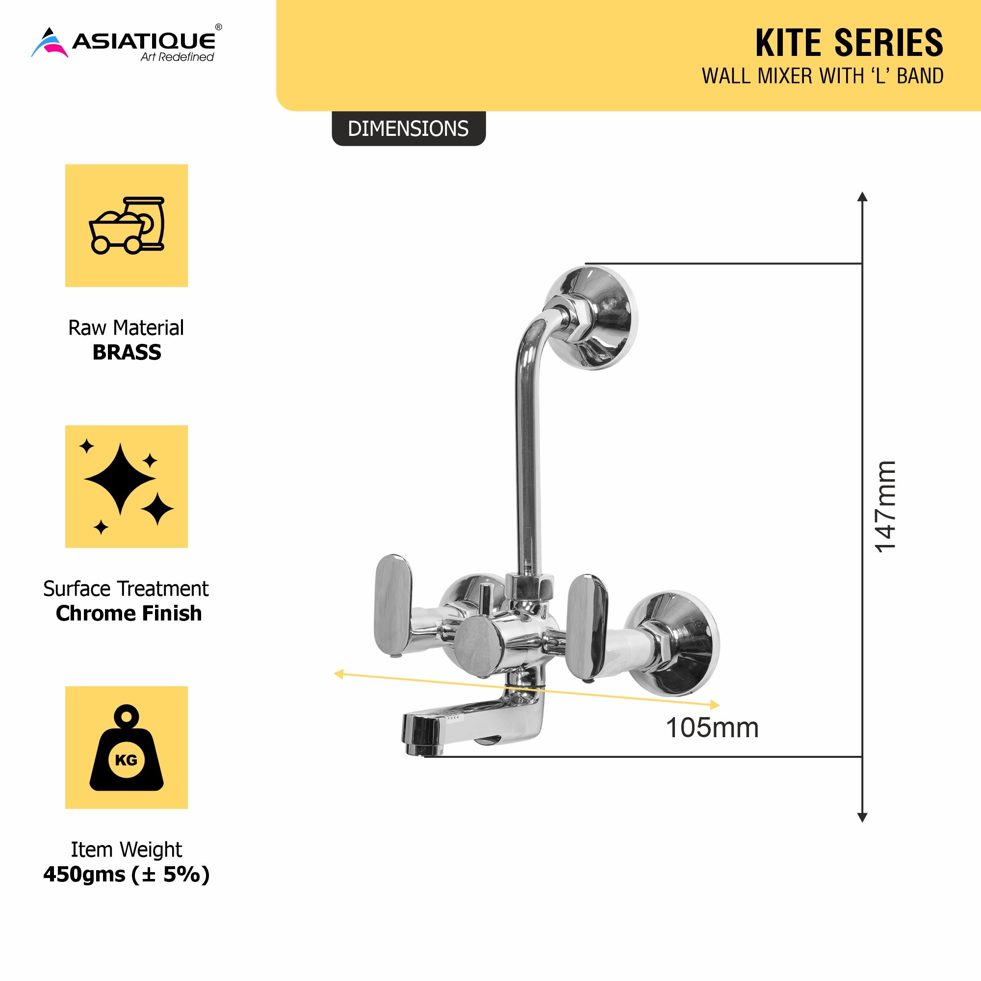 Asiatique Wall Mixer With ‘L’ Bend (K-017L), KITE Series Bathroom & Kitchen Faucets | Premium Modern Tap Collection