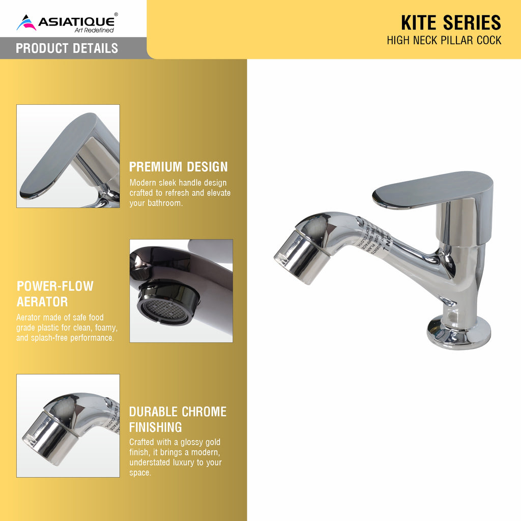Asiatique High Neck Pillar Cock (K-029), KITE Series Bathroom & Kitchen Faucets | Premium Modern Tap Collection