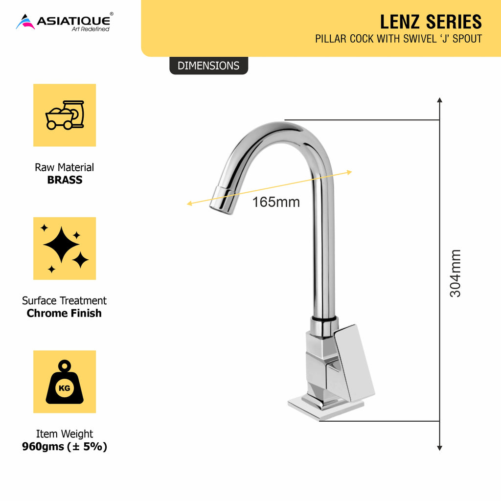 Asiatique Pillar Cock With Swivel ‘J’ Spout (L-002), Lenz Series Premium CP Bath Fittings & Faucets