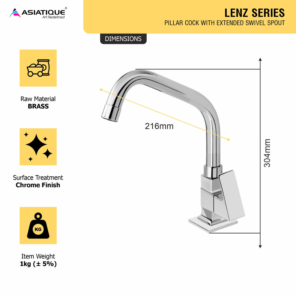 Asiatique Pillar Cock With Extended Swivel Spout (L-002EX), Lenz Series Premium CP Bath Fittings & Faucets