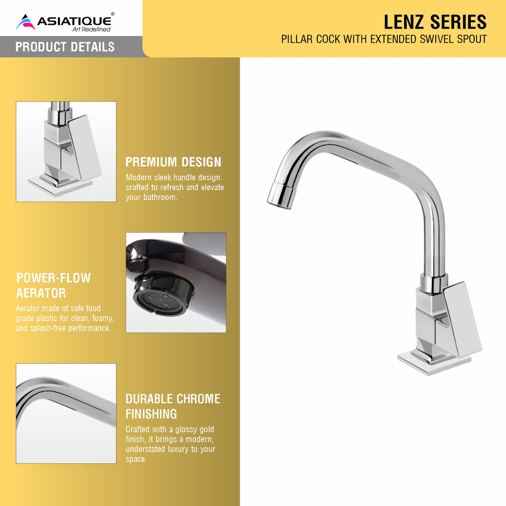 Asiatique Pillar Cock With Extended Swivel Spout (L-002EX), Lenz Series Premium CP Bath Fittings & Faucets