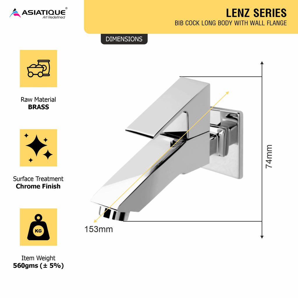 Asiatique Bib Cock Long Body With Wall Flange (L-004), Lenz Series Premium CP Bath Fittings & Faucets
