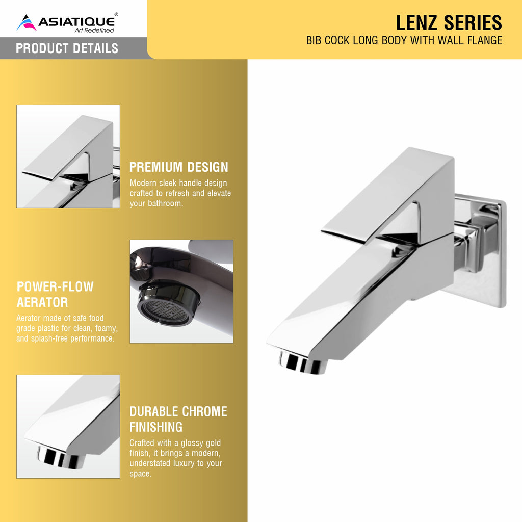 Asiatique Bib Cock Long Body With Wall Flange (L-004), Lenz Series Premium CP Bath Fittings & Faucets