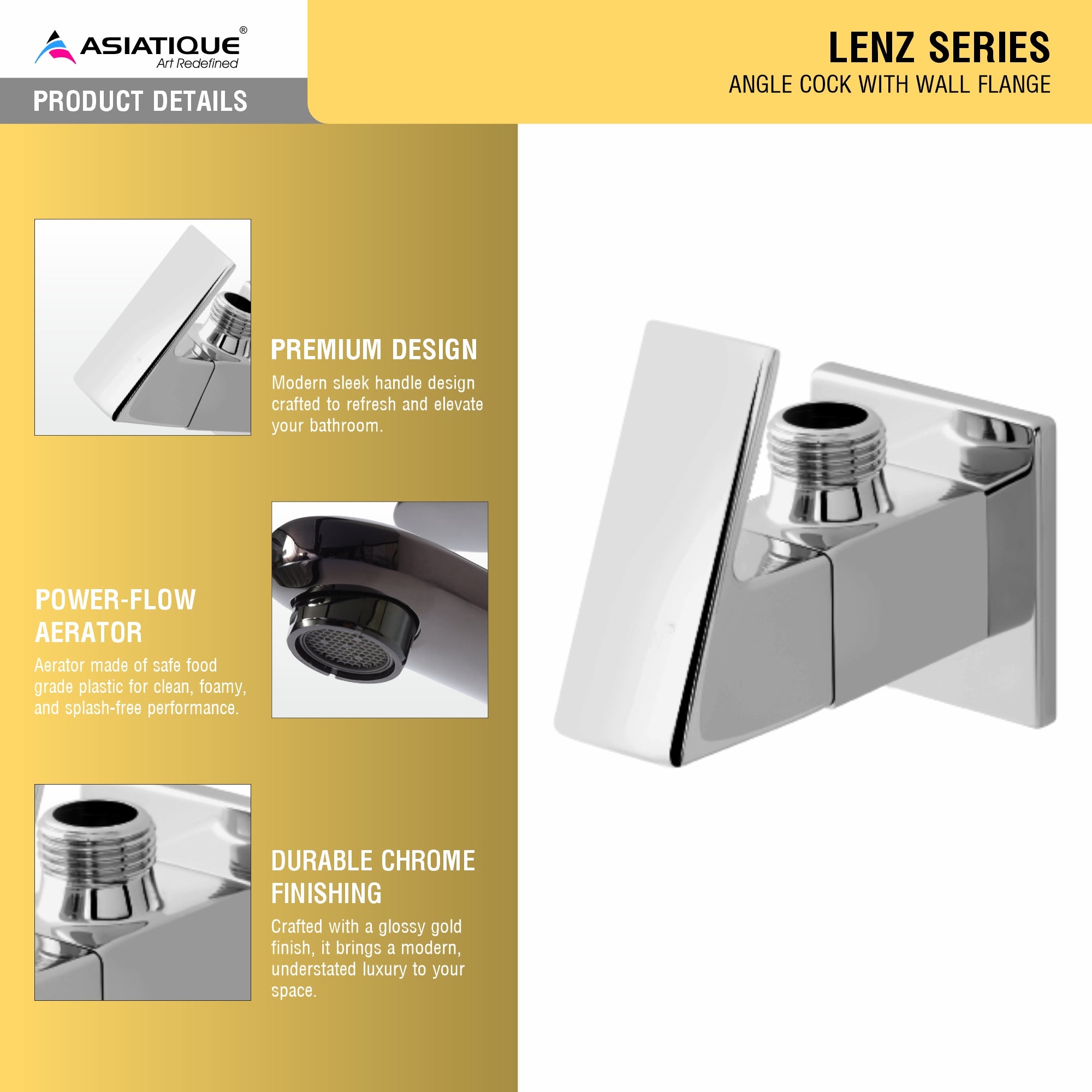 Asiatique Angle Cock With Wall Flange (L-005), Lenz Series Premium CP Bath Fittings & Faucets
