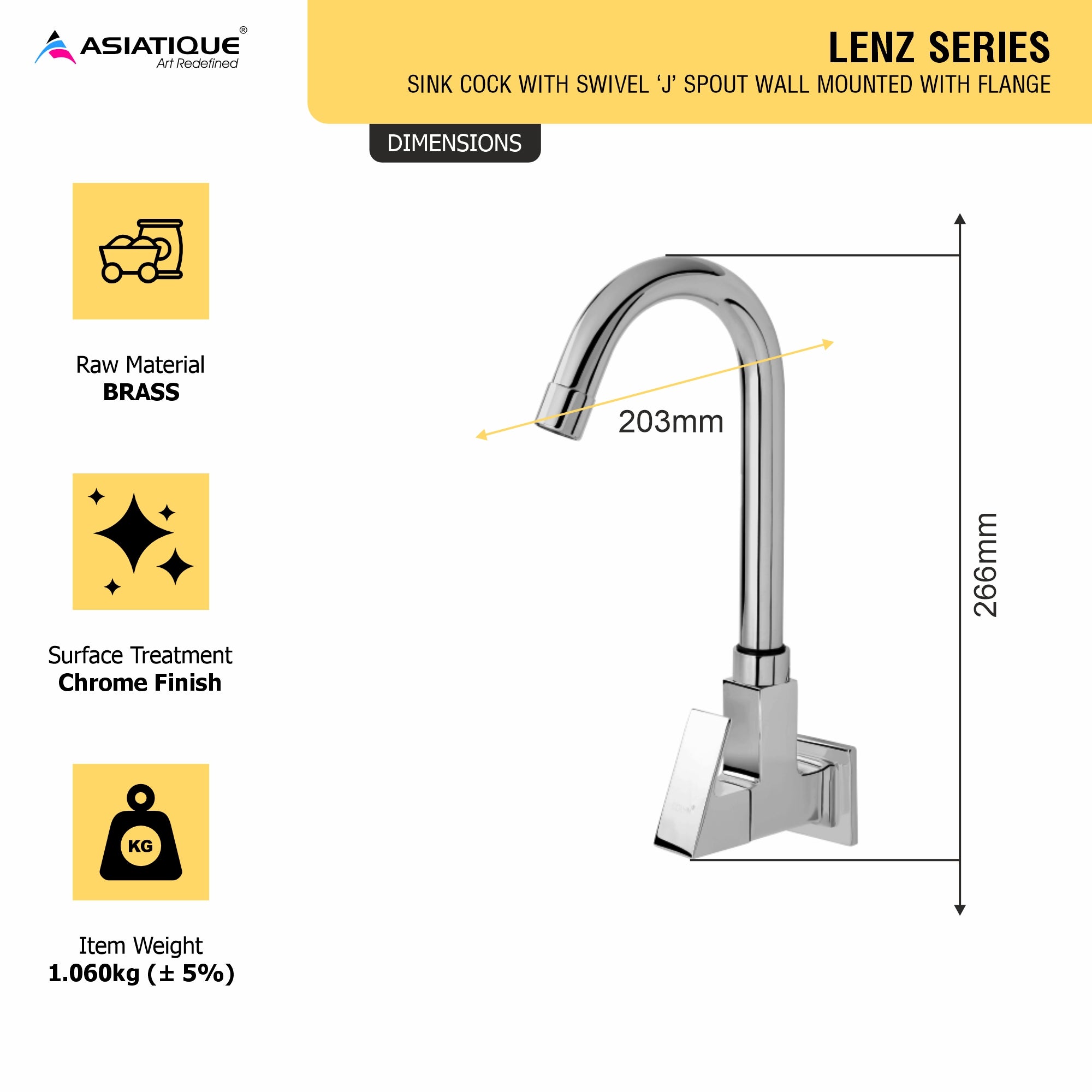 Asiatique Sink Cock With Swivel ‘J’ Spout Wall Mounted With Flange (L-008), Lenz Series Premium CP Bath Fittings & Faucets