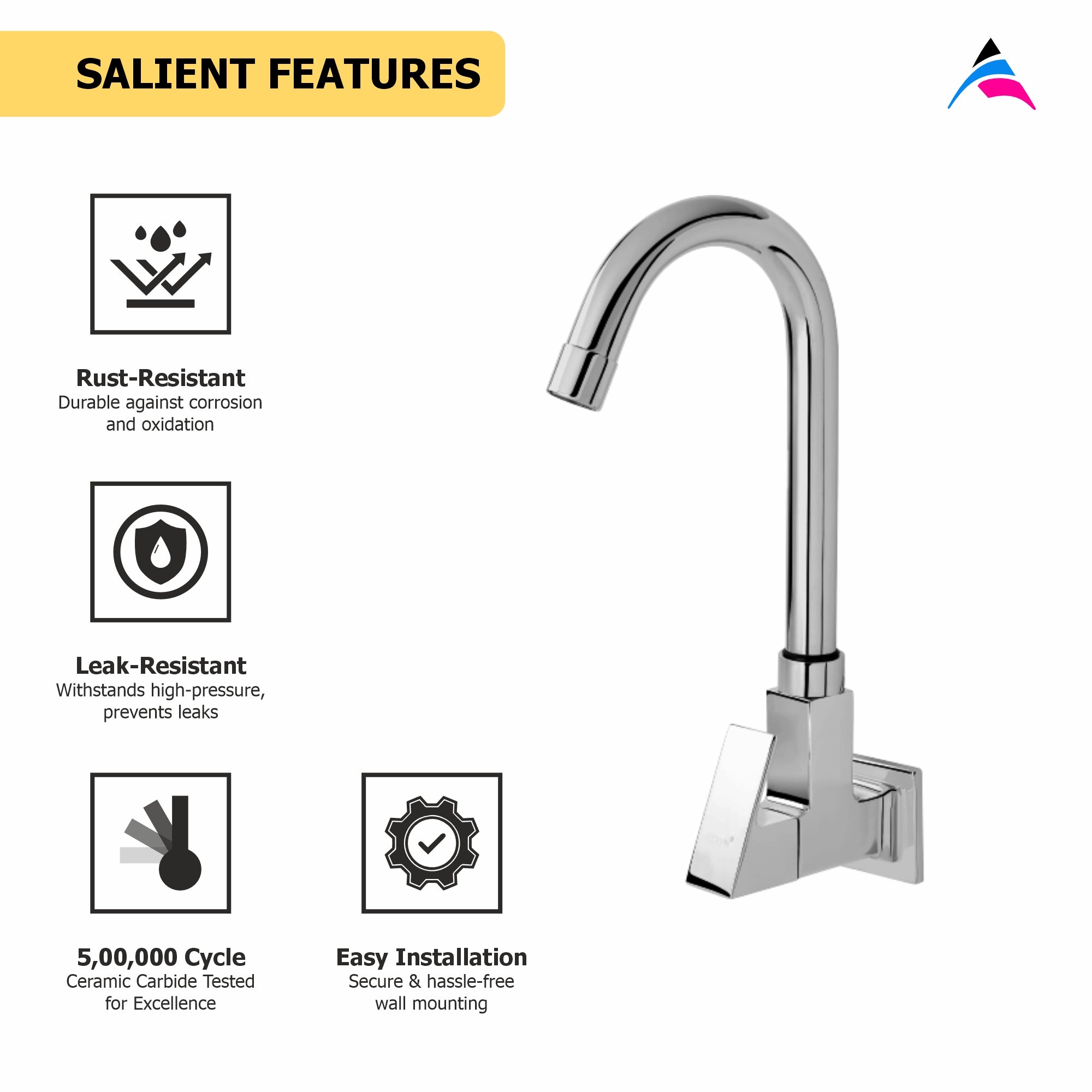 Asiatique Sink Cock With Swivel ‘J’ Spout Wall Mounted With Flange (L-008), Lenz Series Premium CP Bath Fittings & Faucets