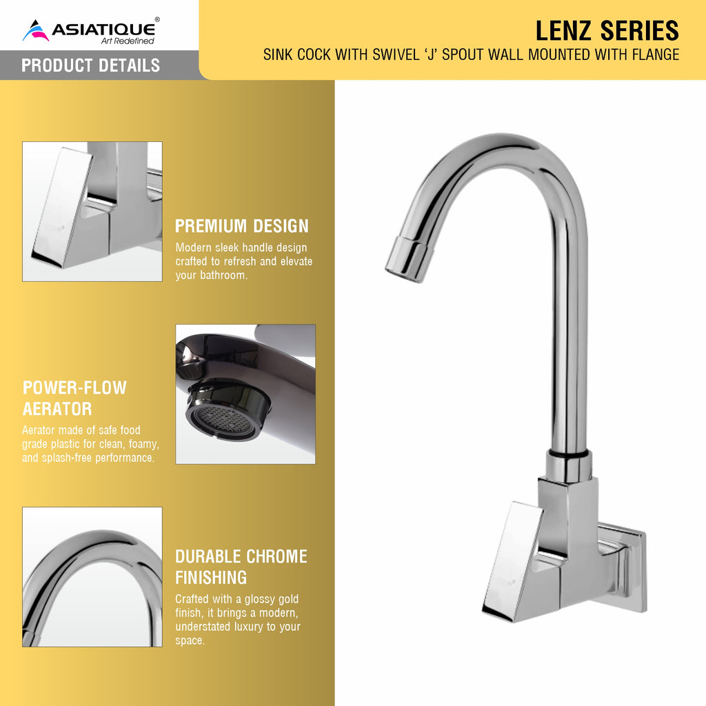 Asiatique Sink Cock With Swivel ‘J’ Spout Wall Mounted With Flange (L-008), Lenz Series Premium CP Bath Fittings & Faucets