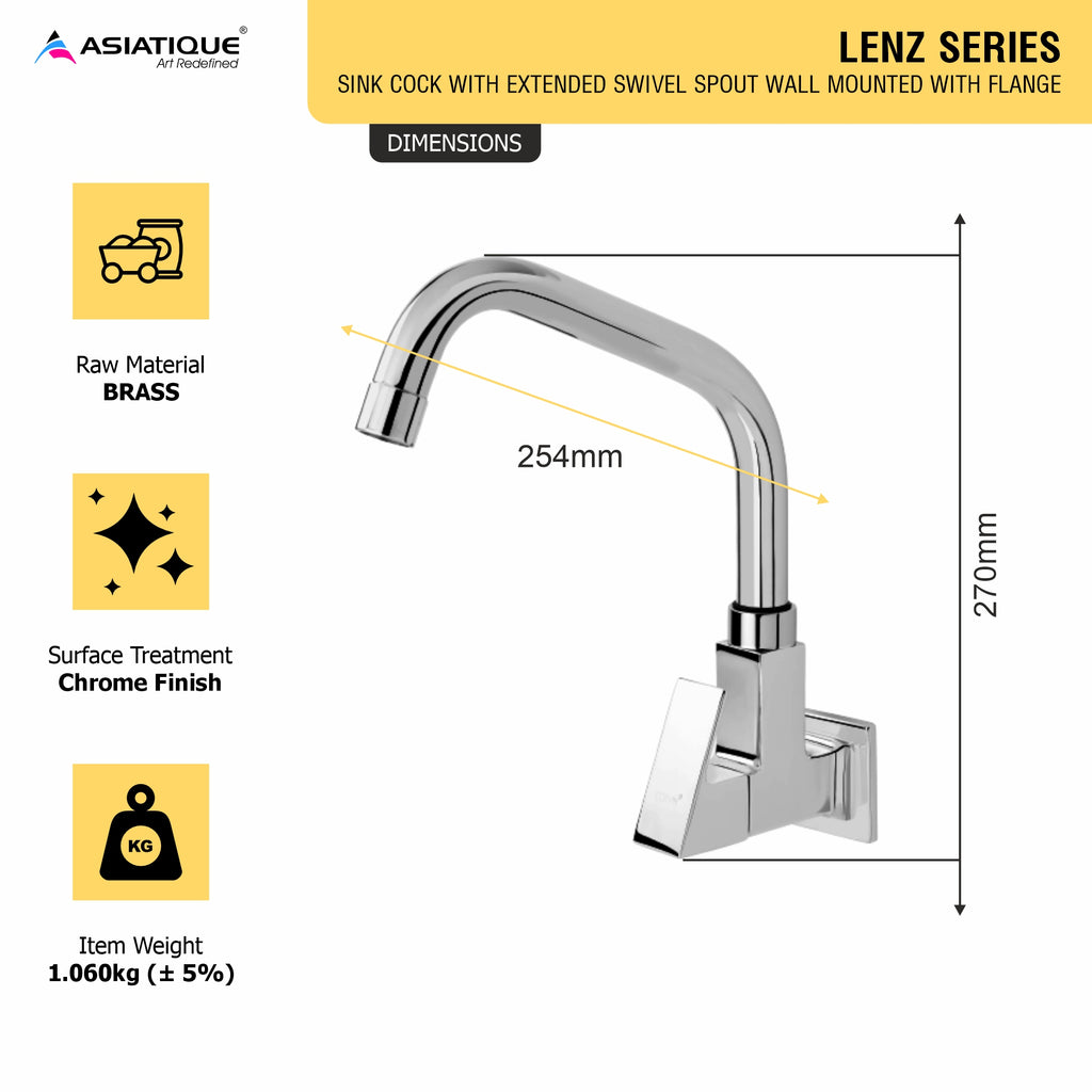 Asiatique Sink Cock With Extended Swivel Spout Wall Mounted With Flange (L-008EX), Lenz Series Premium CP Bath Fittings & Faucets