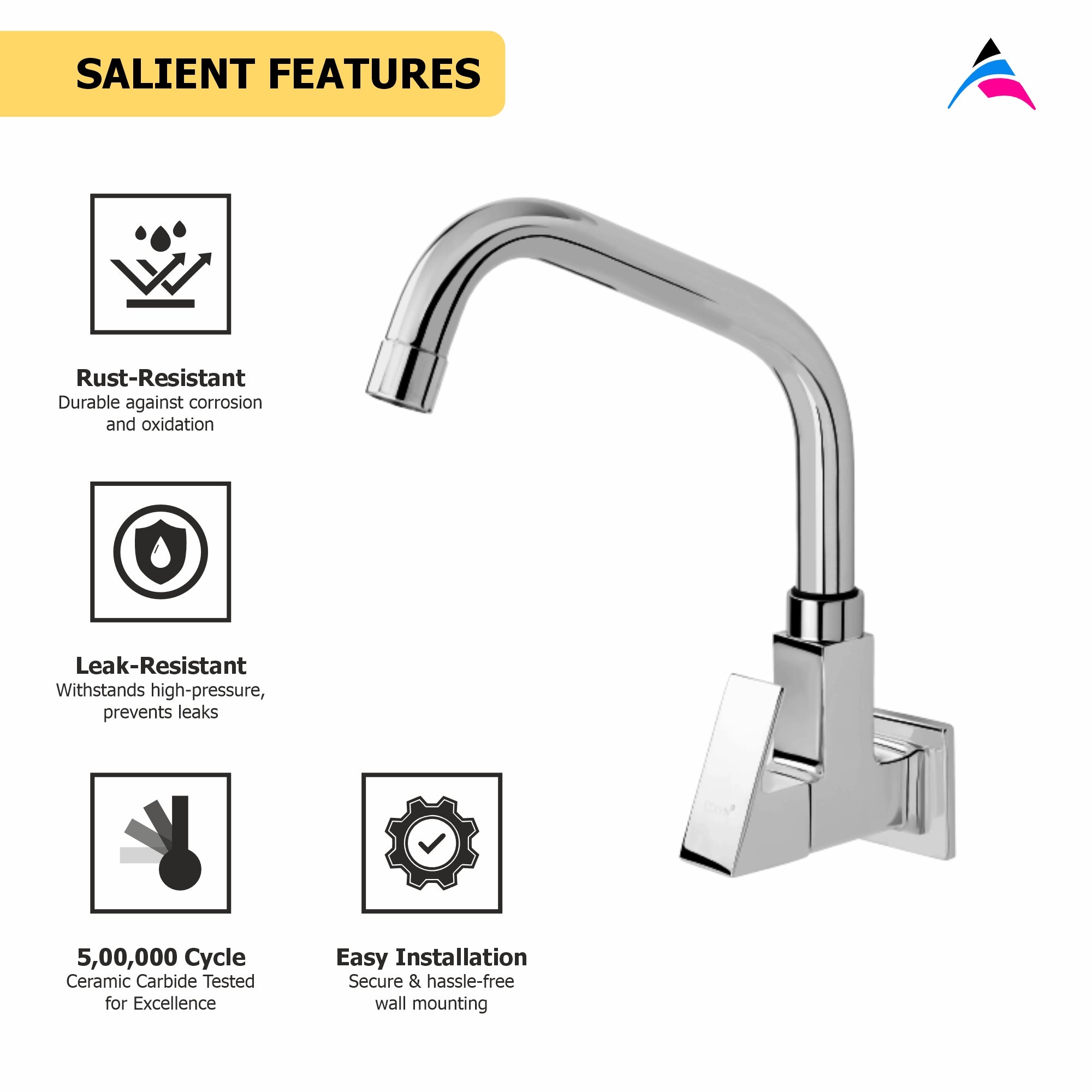 Asiatique Sink Cock With Extended Swivel Spout Wall Mounted With Flange (L-008EX), Lenz Series Premium CP Bath Fittings & Faucets