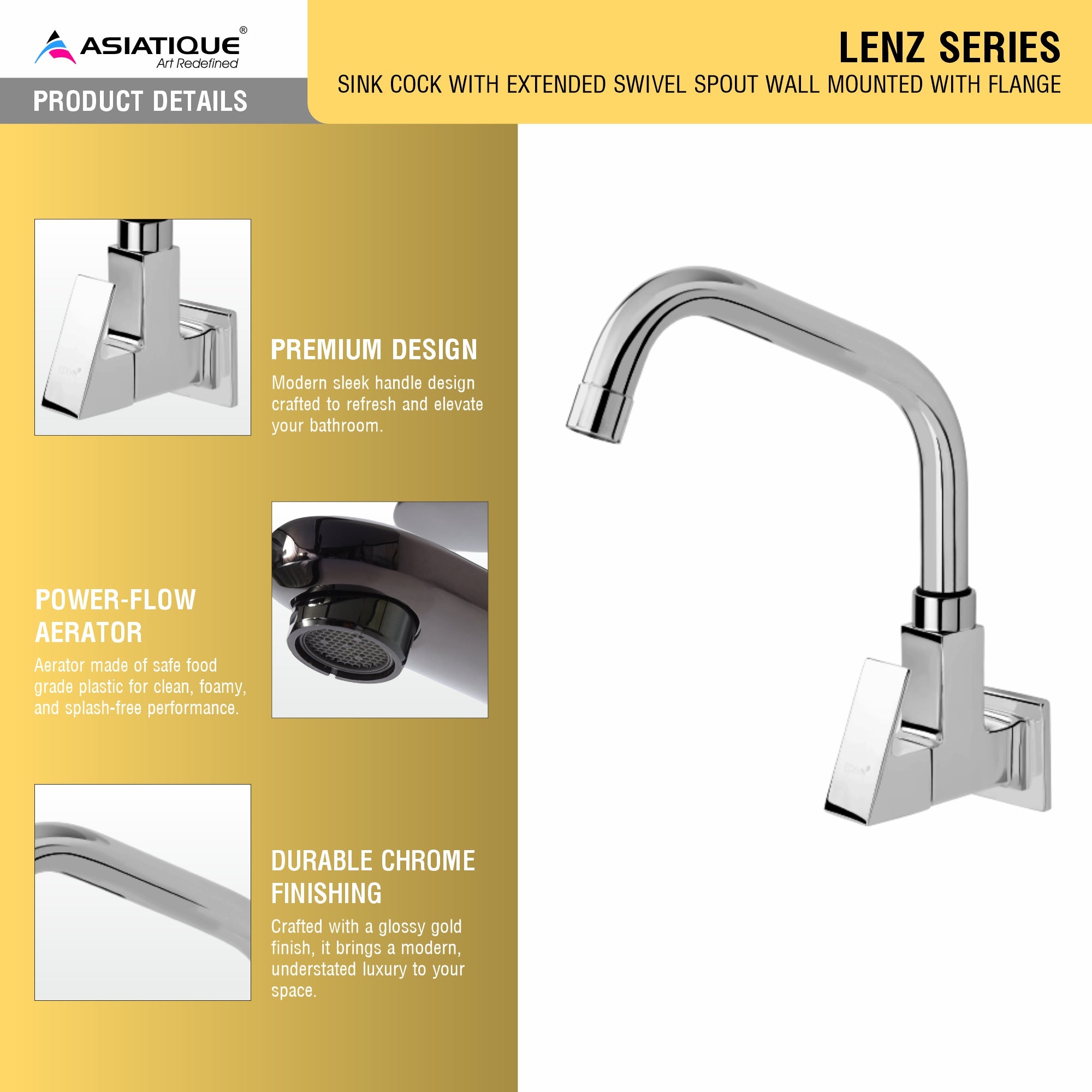 Asiatique Sink Cock With Extended Swivel Spout Wall Mounted With Flange (L-008EX), Lenz Series Premium CP Bath Fittings & Faucets