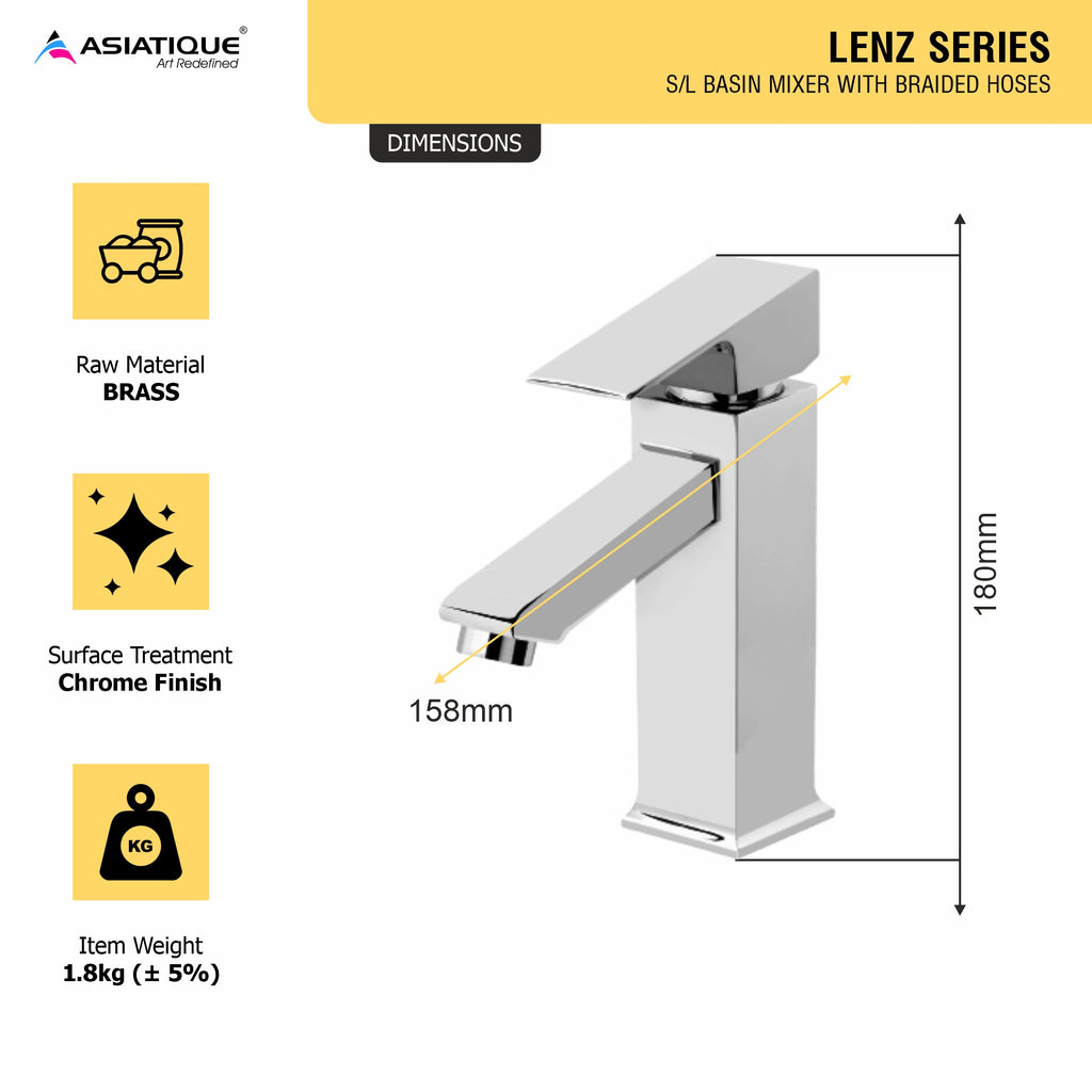 Asiatique S/L Basin Mixer With Braided Hoses (L-009), Lenz Series Premium CP Bath Fittings & Faucets