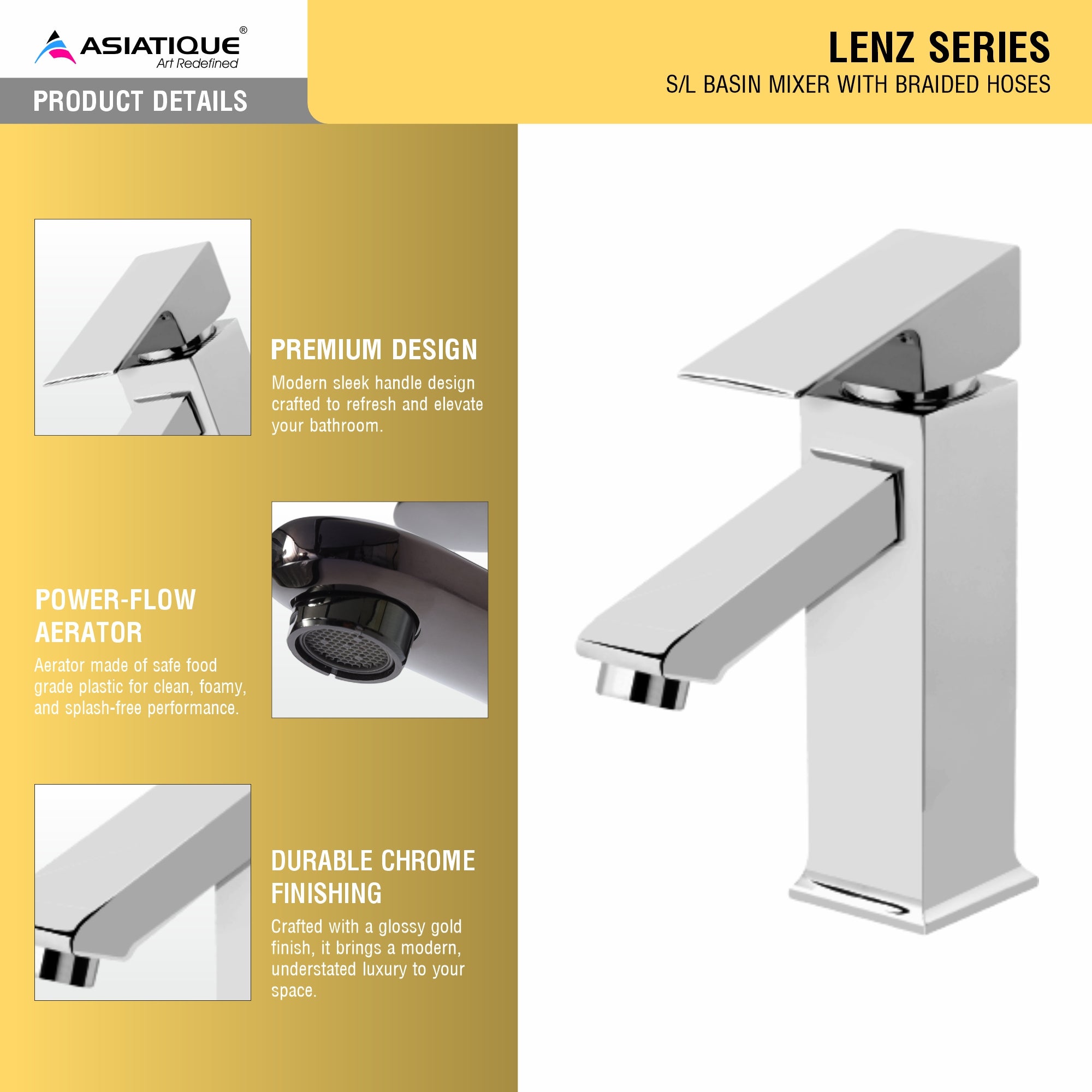 Asiatique S/L Basin Mixer With Braided Hoses (L-009), Lenz Series Premium CP Bath Fittings & Faucets