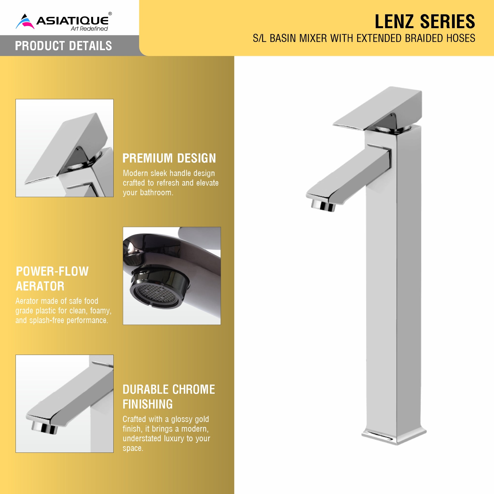 Asiatique S/L Basin Mixer With Extended Braided Hoses (L-009EX), Lenz Series Premium CP Bath Fittings & Faucets