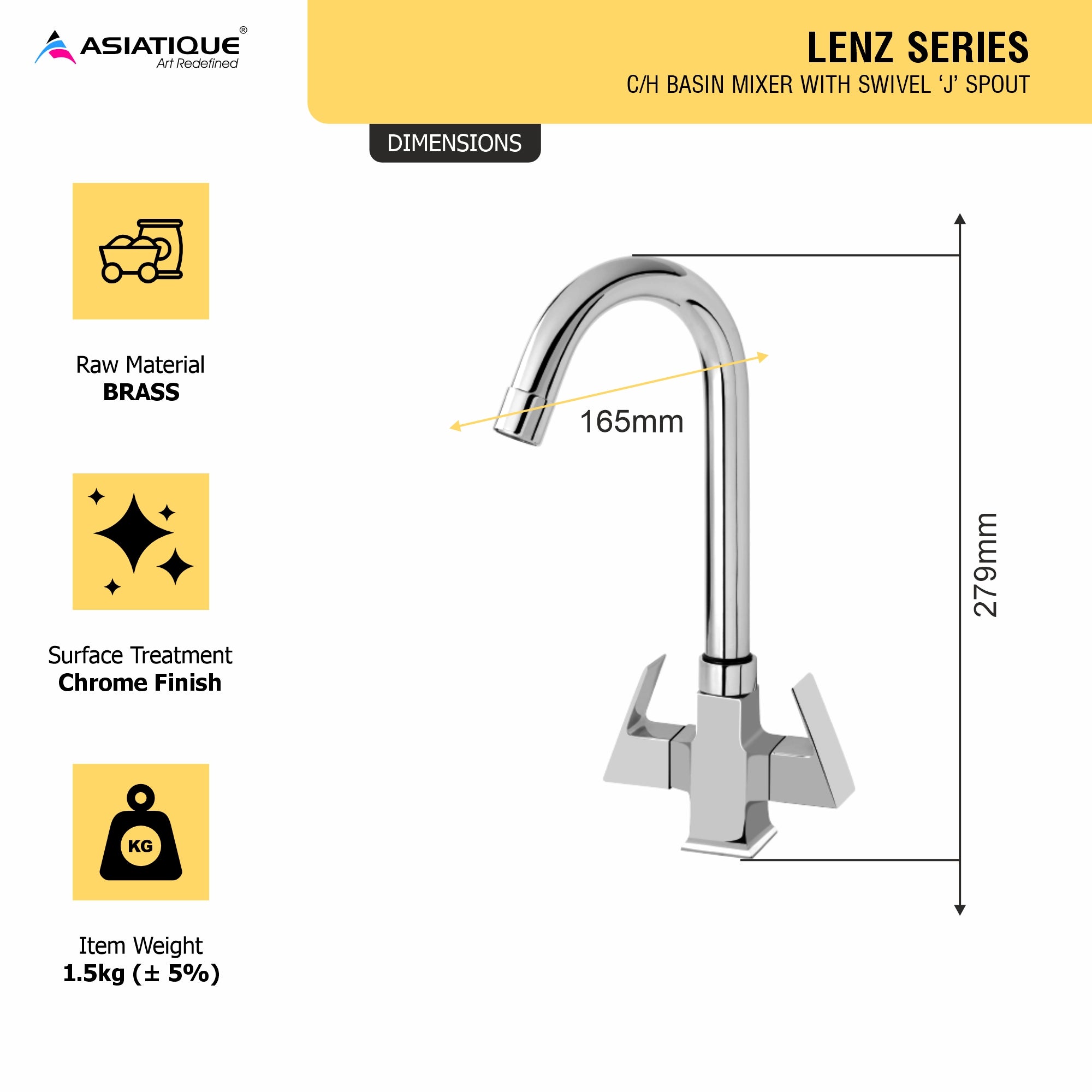 Asiatique C/H Basin Mixer With Swivel ‘J’ Spout (L-011), Lenz Series Premium CP Bath Fittings & Faucets