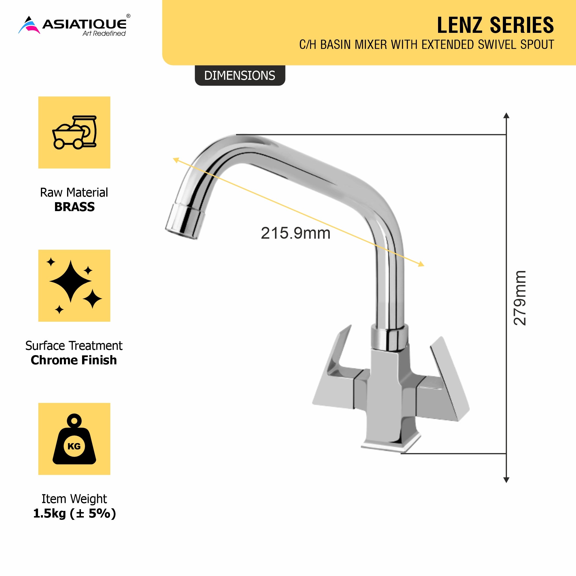 Asiatique C/H Basin Mixer With Extended Swivel Spout (L-011EX), Lenz Series Premium CP Bath Fittings & Faucets