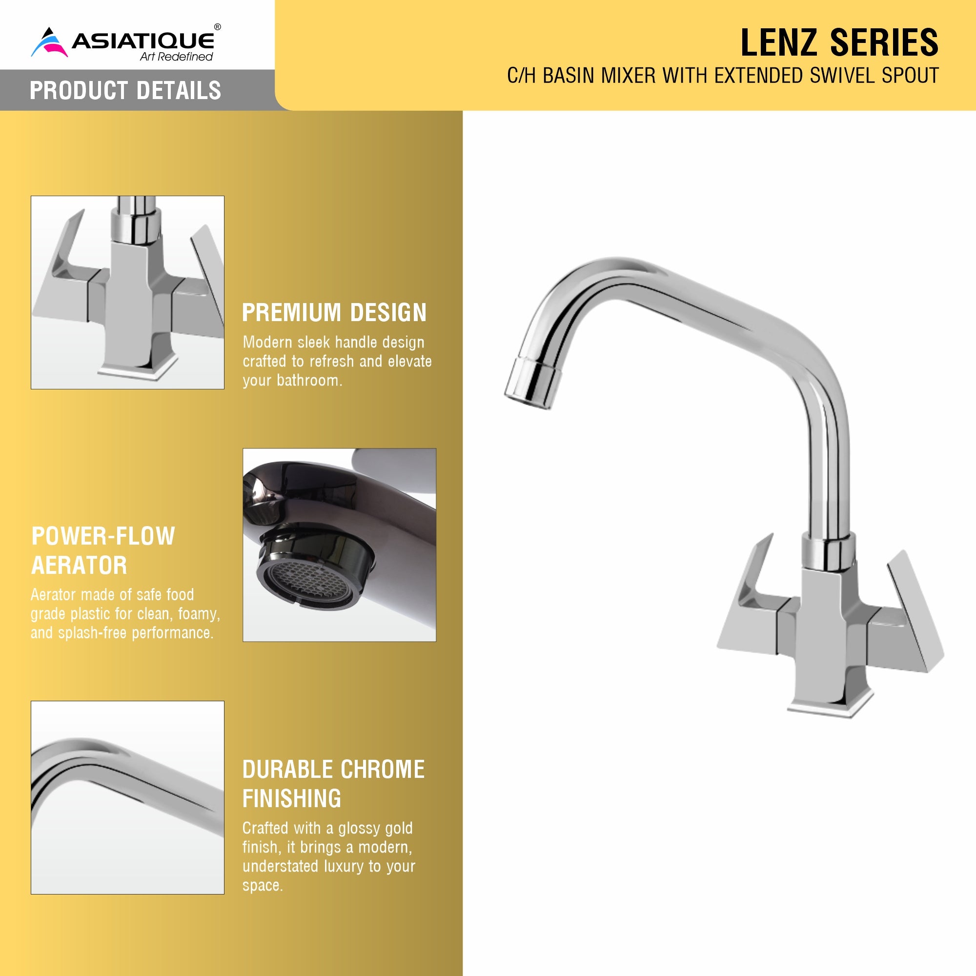 Asiatique C/H Basin Mixer With Extended Swivel Spout (L-011EX), Lenz Series Premium CP Bath Fittings & Faucets