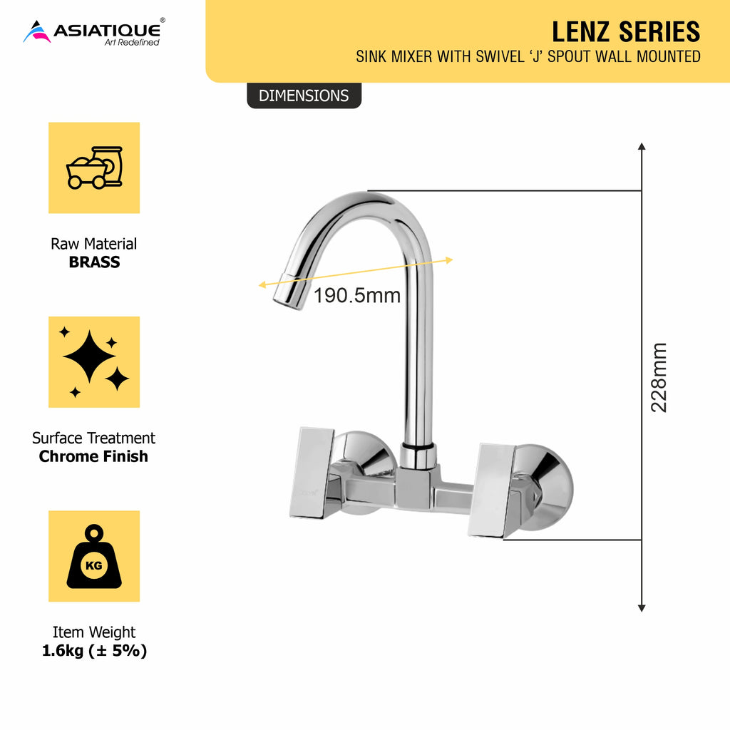 Asiatique Sink Mixer With Swivel ‘J’ Spout Wall Mounted (L-013), Lenz Series Premium CP Bath Fittings & Faucets