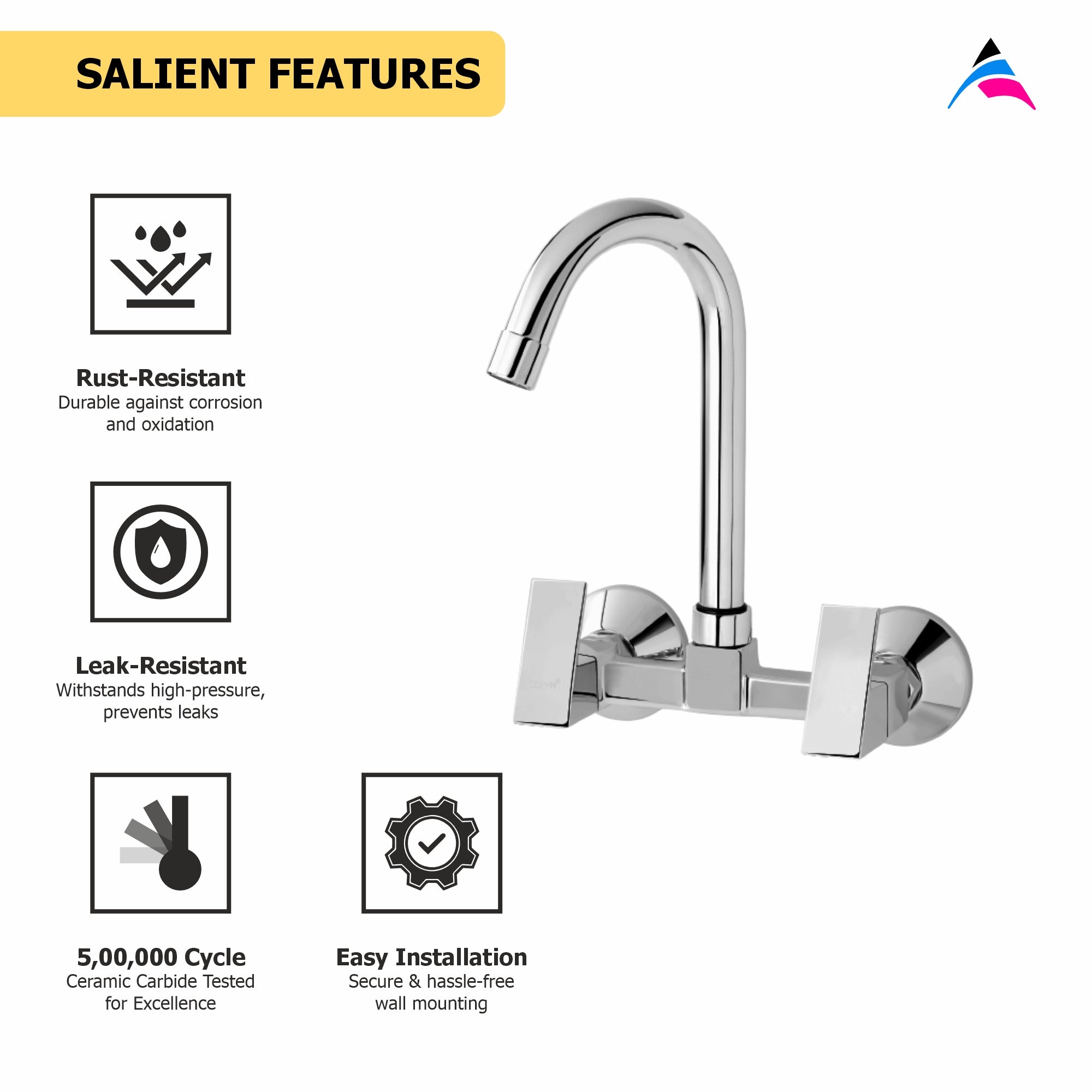 Asiatique Sink Mixer With Swivel ‘J’ Spout Wall Mounted (L-013), Lenz Series Premium CP Bath Fittings & Faucets