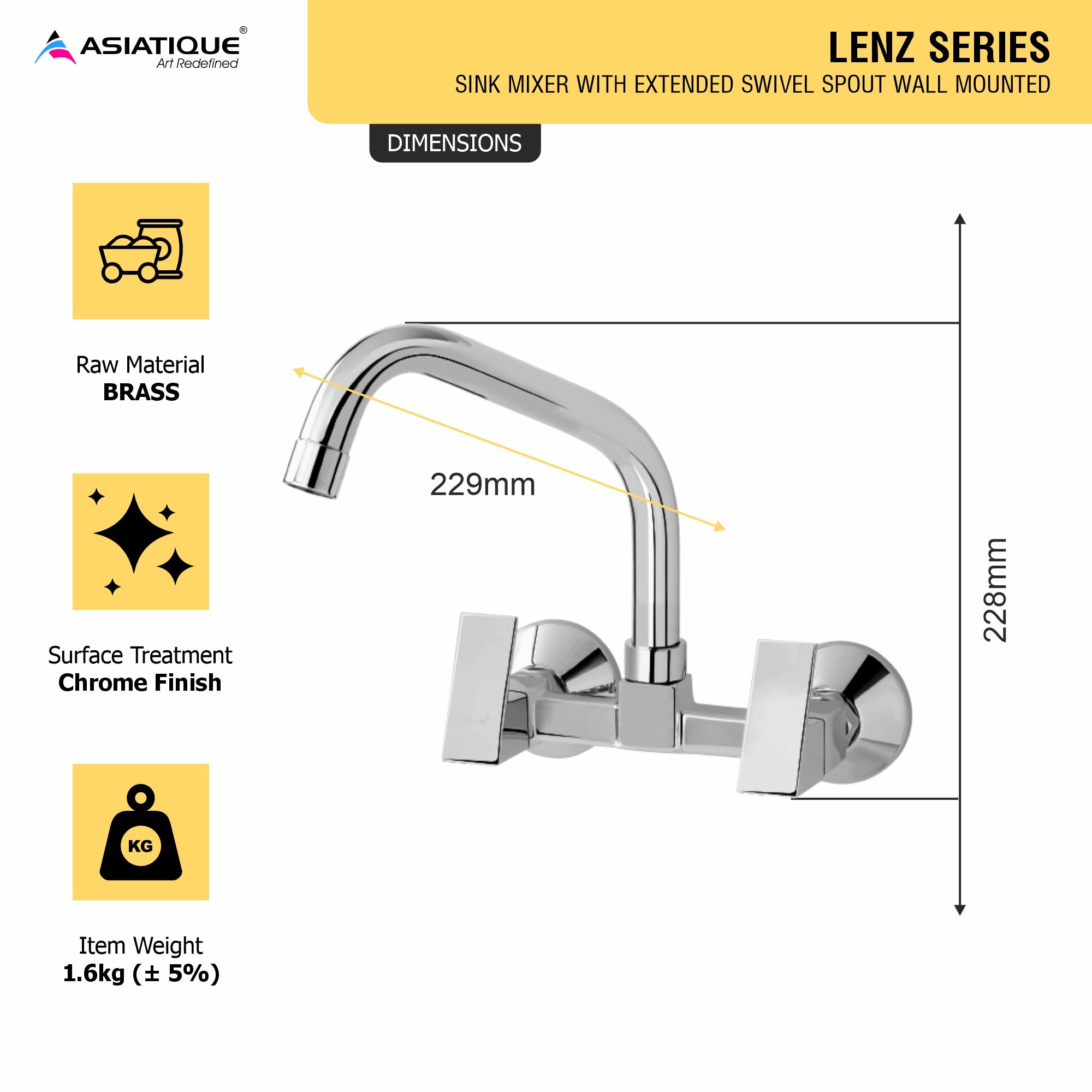 Asiatique Sink Mixer With Extended Swivel Spout Wall Mounted (L-013EX), Lenz Series Premium CP Bath Fittings & Faucets
