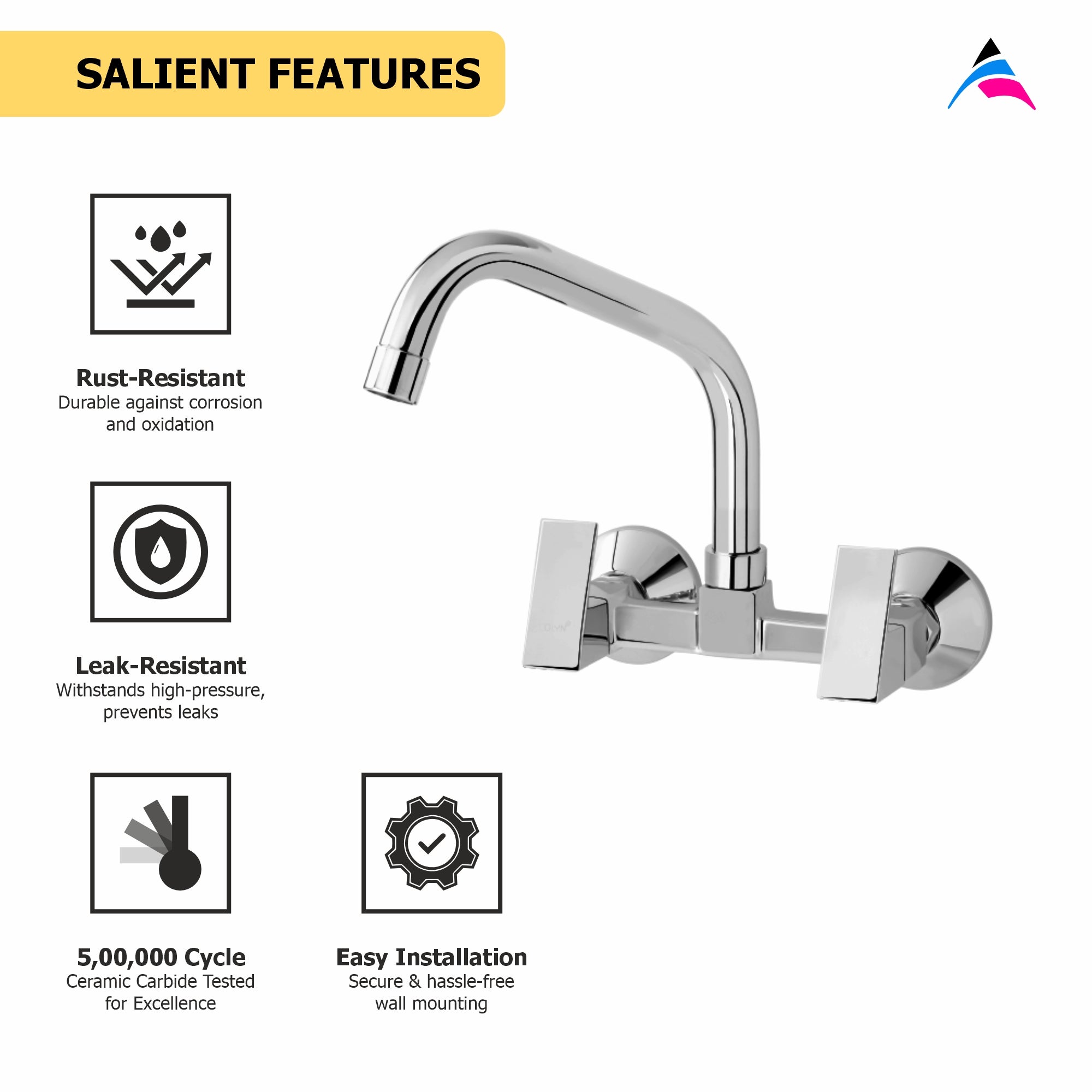 Asiatique Sink Mixer With Extended Swivel Spout Wall Mounted (L-013EX), Lenz Series Premium CP Bath Fittings & Faucets