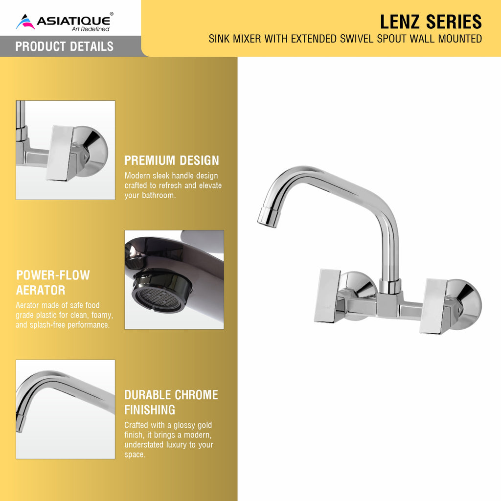 Asiatique Sink Mixer With Extended Swivel Spout Wall Mounted (L-013EX), Lenz Series Premium CP Bath Fittings & Faucets