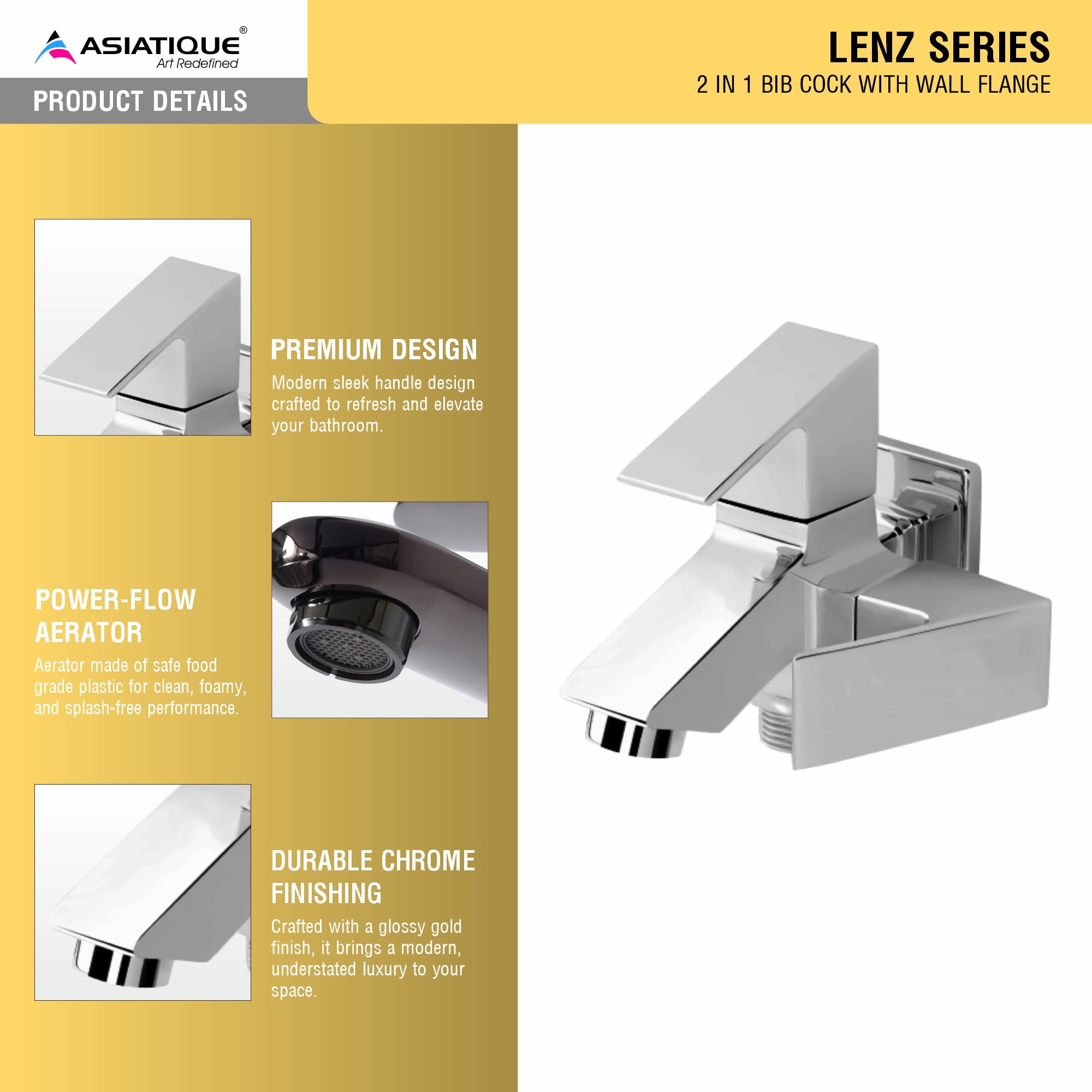 Asiatique 2 in 1 Bib Cock With Wall Flange (L-015), Lenz Series Premium CP Bath Fittings & Faucets