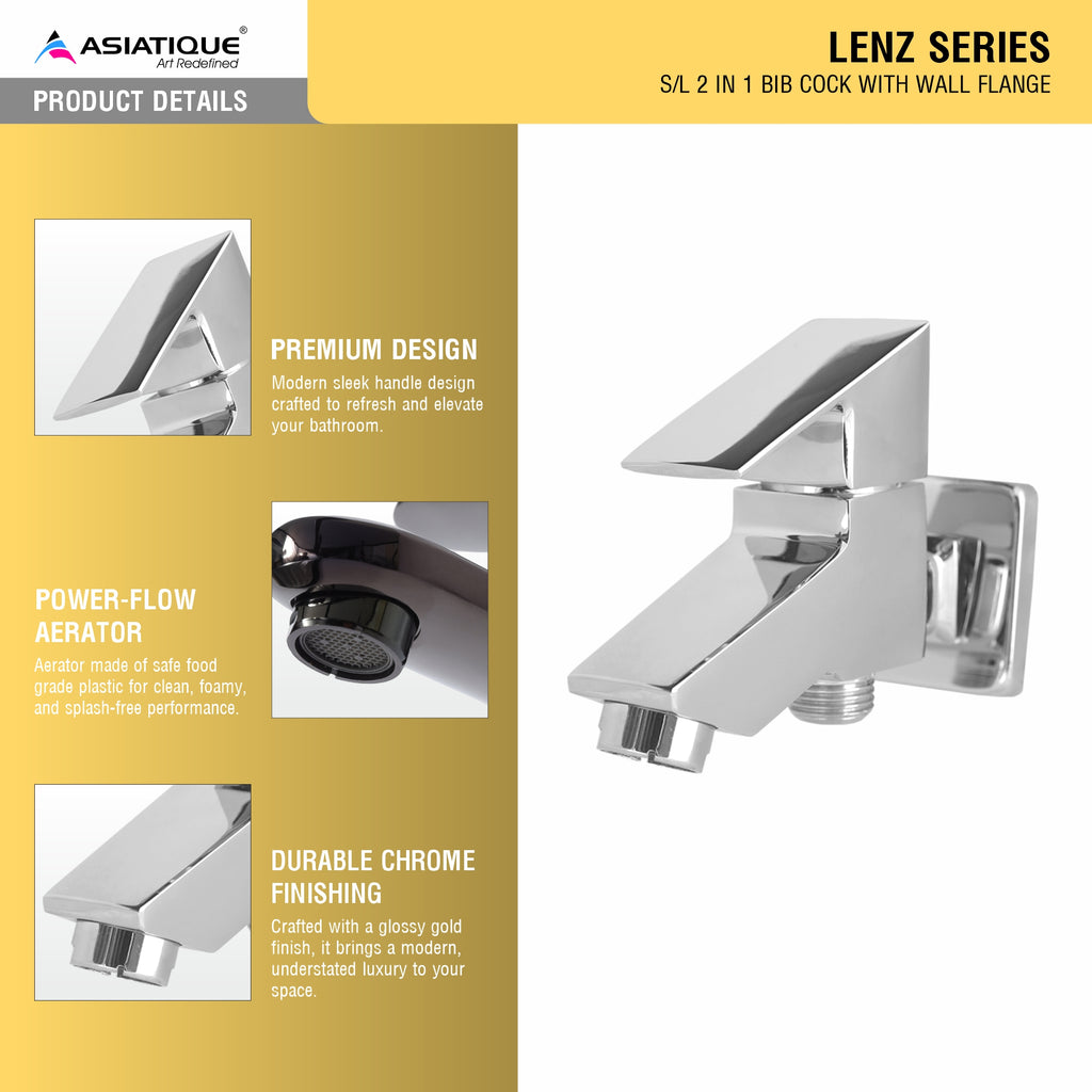 Asiatique S/L 2 in 1 Bib Cock With Wall Flange (L-015 S/L), Lenz Series Premium CP Bath Fittings & Faucets