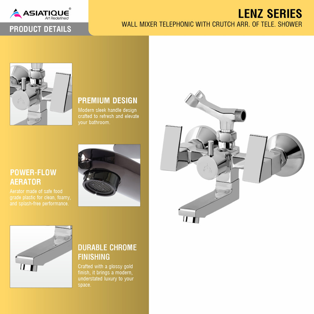 Asiatique Wall Mixer Telephonic With Crutch ARR. Of Tele. Shower (L-016), Lenz Series Premium CP Bath Fittings & Faucets