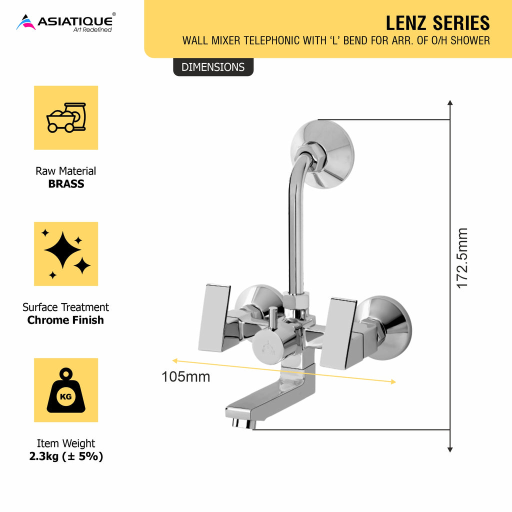 Asiatique Wall Mixer Telephonic With ‘L’ Bend for ARR. Of O/H Shower (L-017), Lenz Series Premium CP Bath Fittings & Faucets