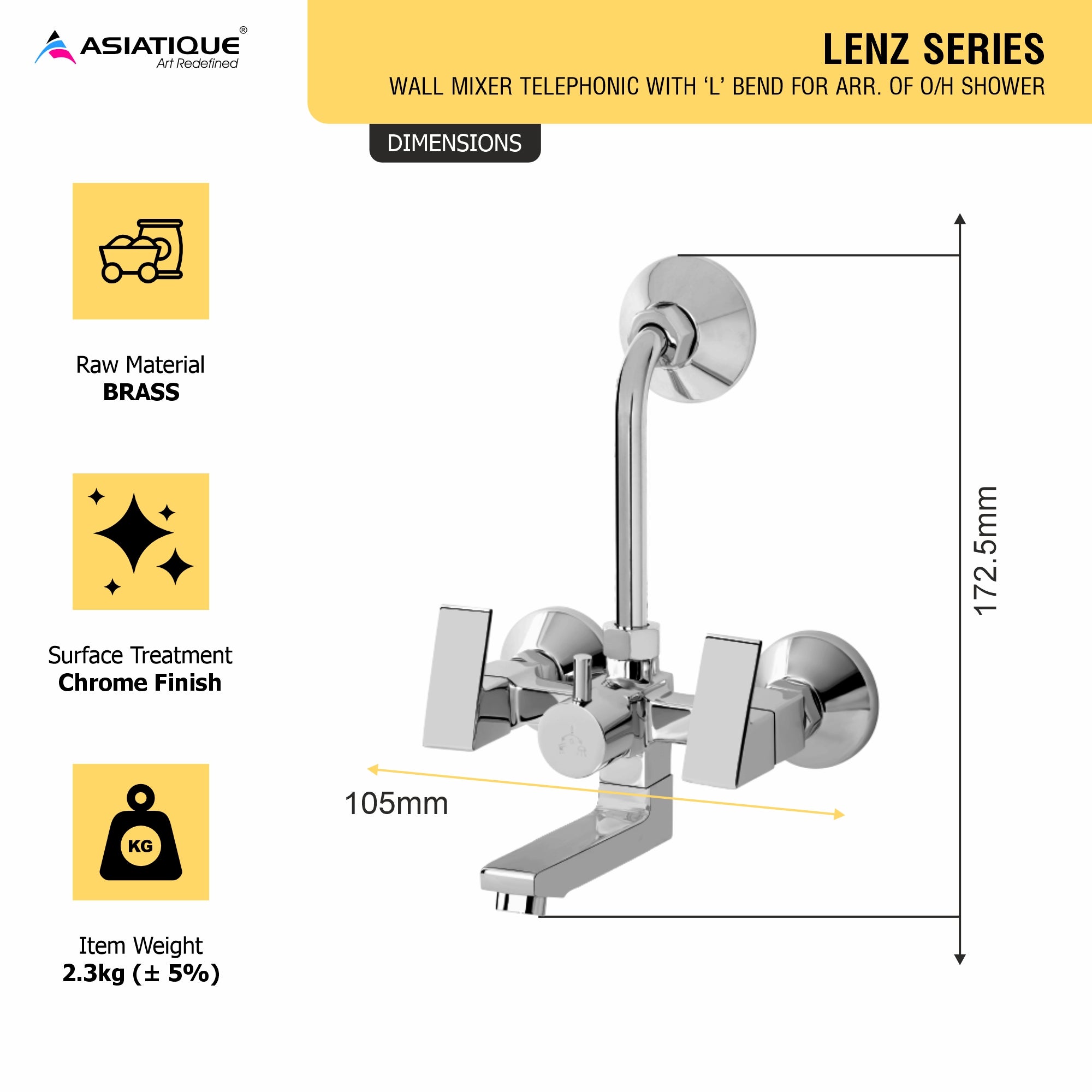 Asiatique Wall Mixer Telephonic With ‘L’ Bend for ARR. Of O/H Shower (L-017), Lenz Series Premium CP Bath Fittings & Faucets