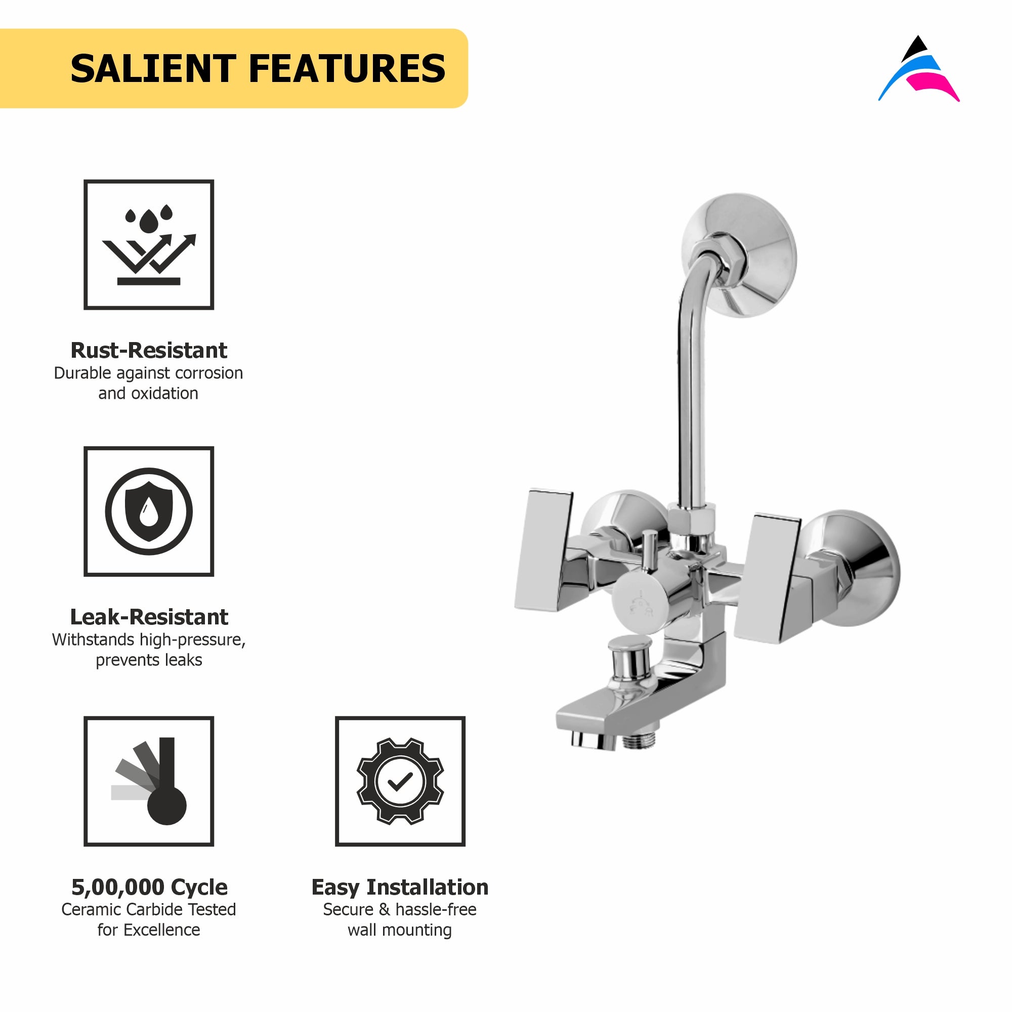 Asiatique 3 in 1 Wall Mixer With Pro. For Tele. Shower & O/H Shower (L-018), Lenz Series Premium CP Bath Fittings & Faucets