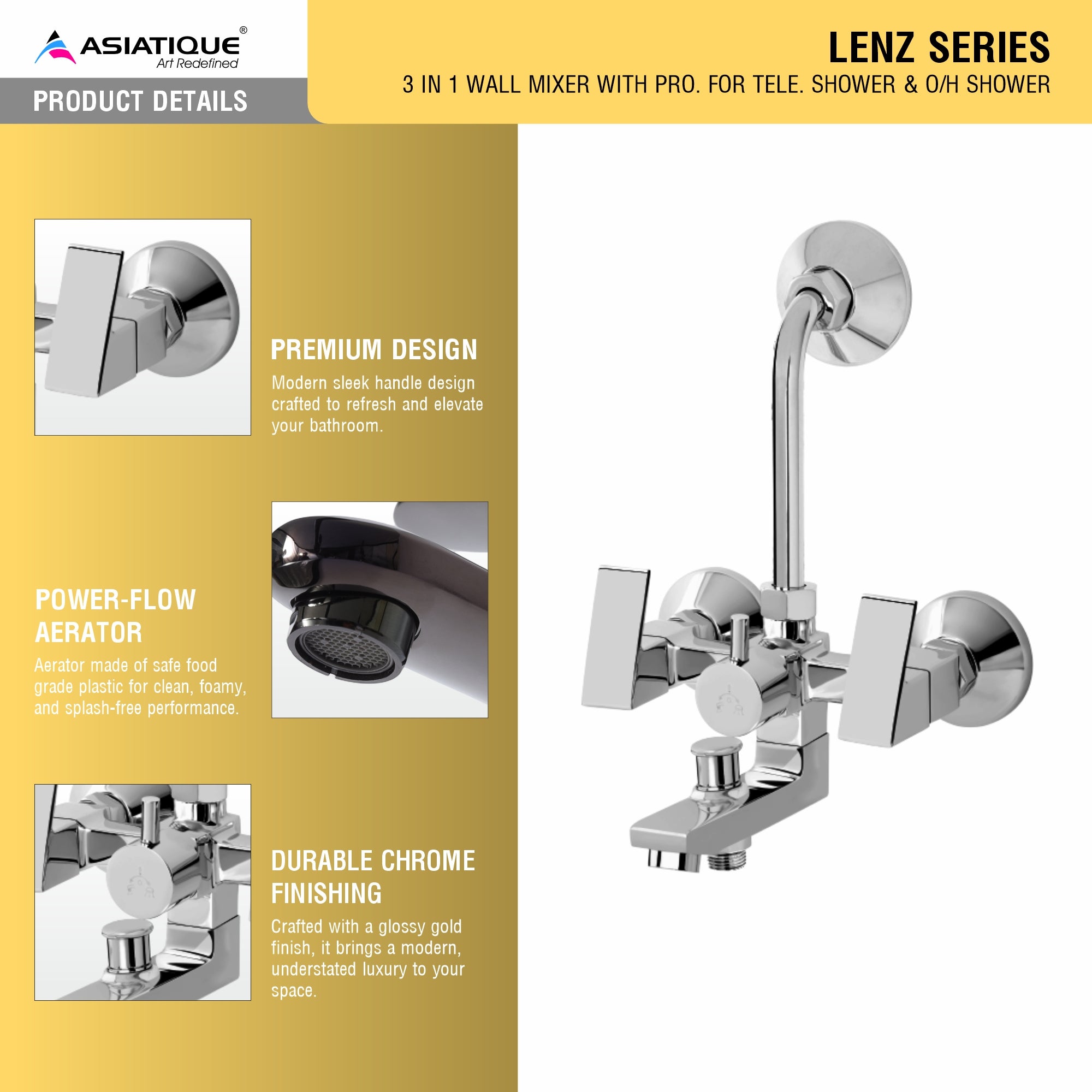 Asiatique 3 in 1 Wall Mixer With Pro. For Tele. Shower & O/H Shower (L-018), Lenz Series Premium CP Bath Fittings & Faucets