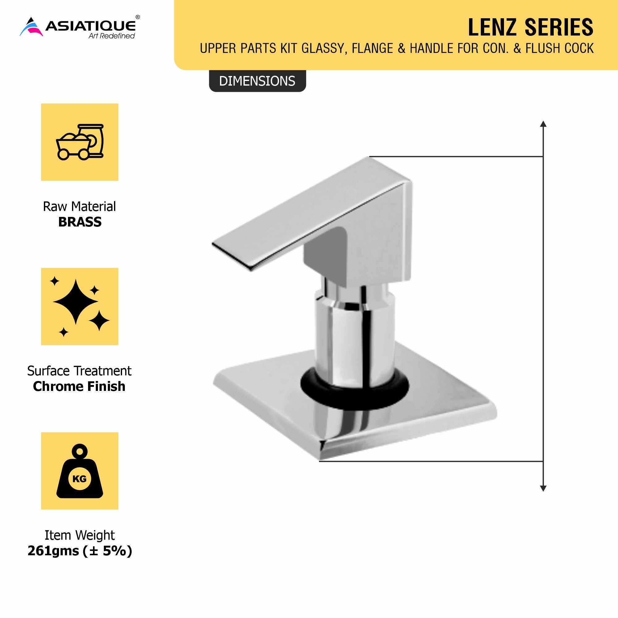 Asiatique Upper Parts Kit Glassy, Flange & Handle For Con. & Flush Cock (L-021U), Lenz Series Premium CP Bath Fittings & Faucets