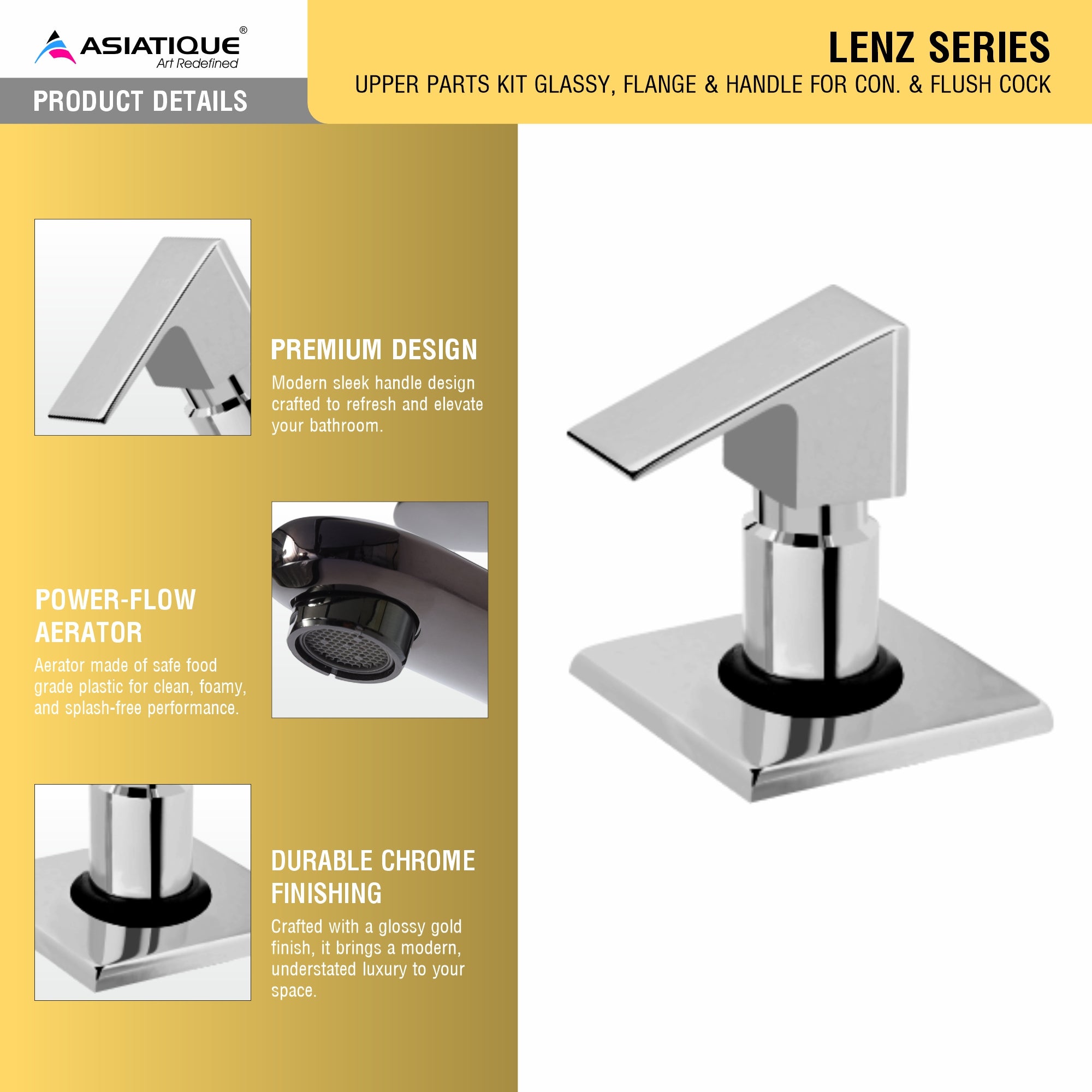 Asiatique Upper Parts Kit Glassy, Flange & Handle For Con. & Flush Cock (L-021U), Lenz Series Premium CP Bath Fittings & Faucets