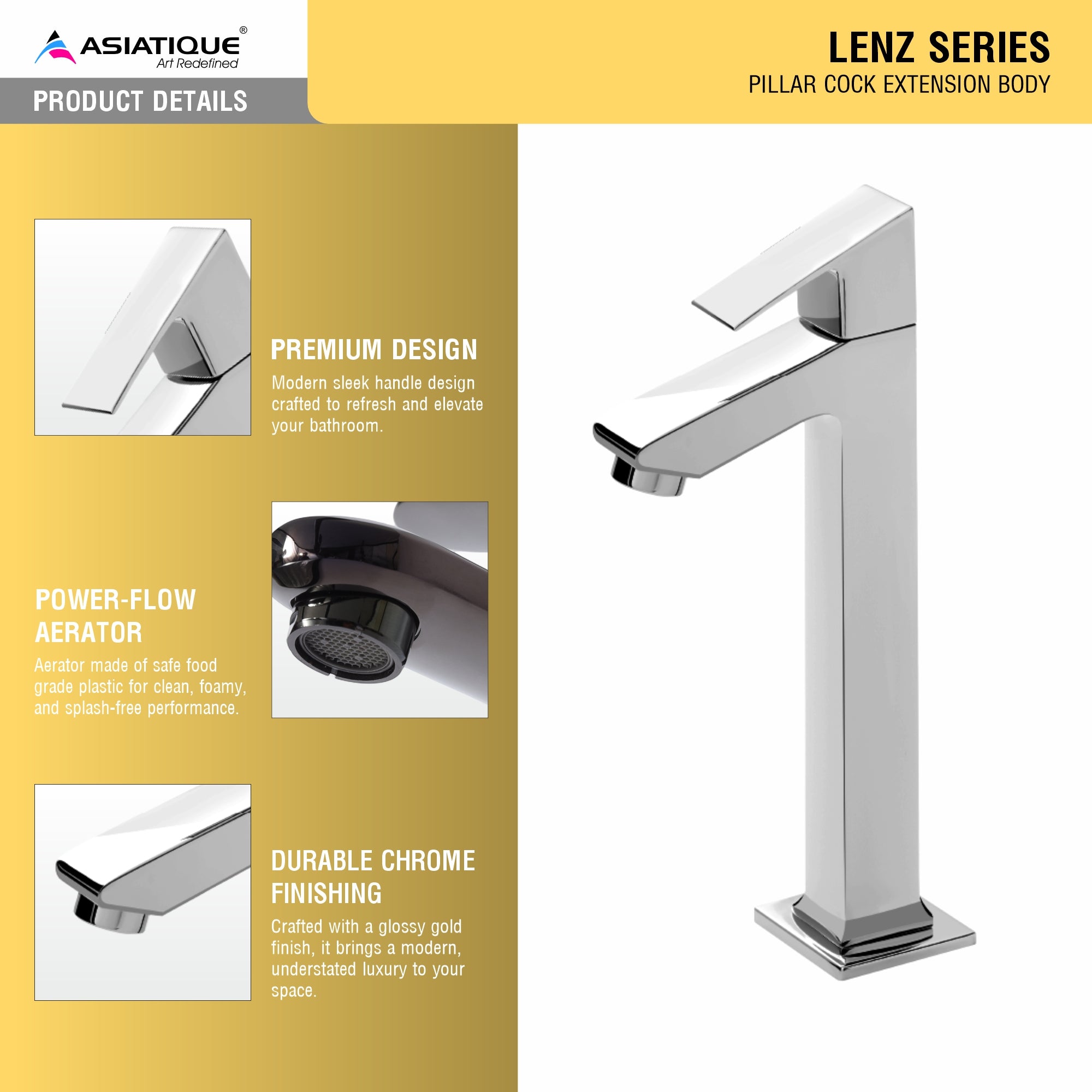Asiatique Pillar Cock Extension Body (L-023), Lenz Series Premium CP Bath Fittings & Faucets