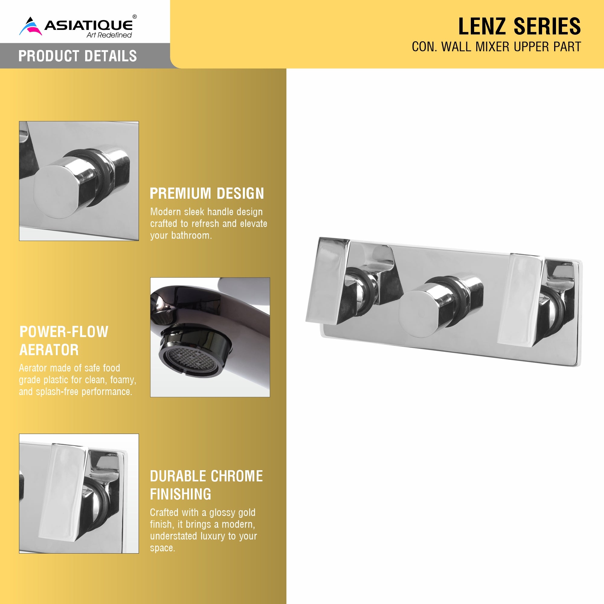 Asiatique Con. Wall Mixer Upper Part (L-029U), Lenz Series Premium CP Bath Fittings & Faucets