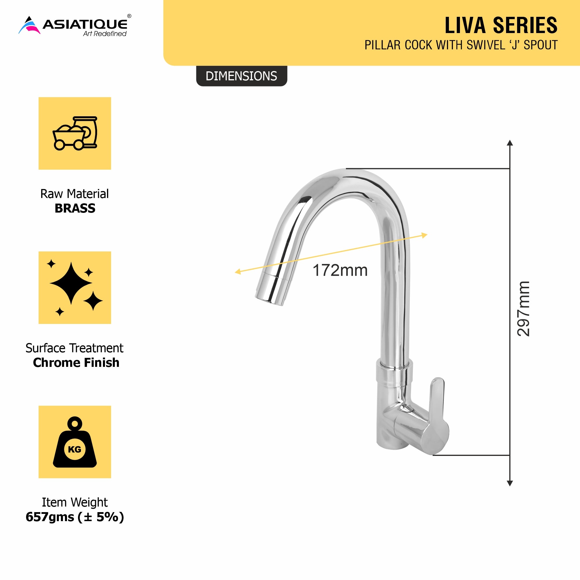 Asiatique Pillar Cock With Swivel 'J' Spout (LI-002), LIVA Series Kitchen & Bathroom Faucets | Premium Modern Tap Collection
