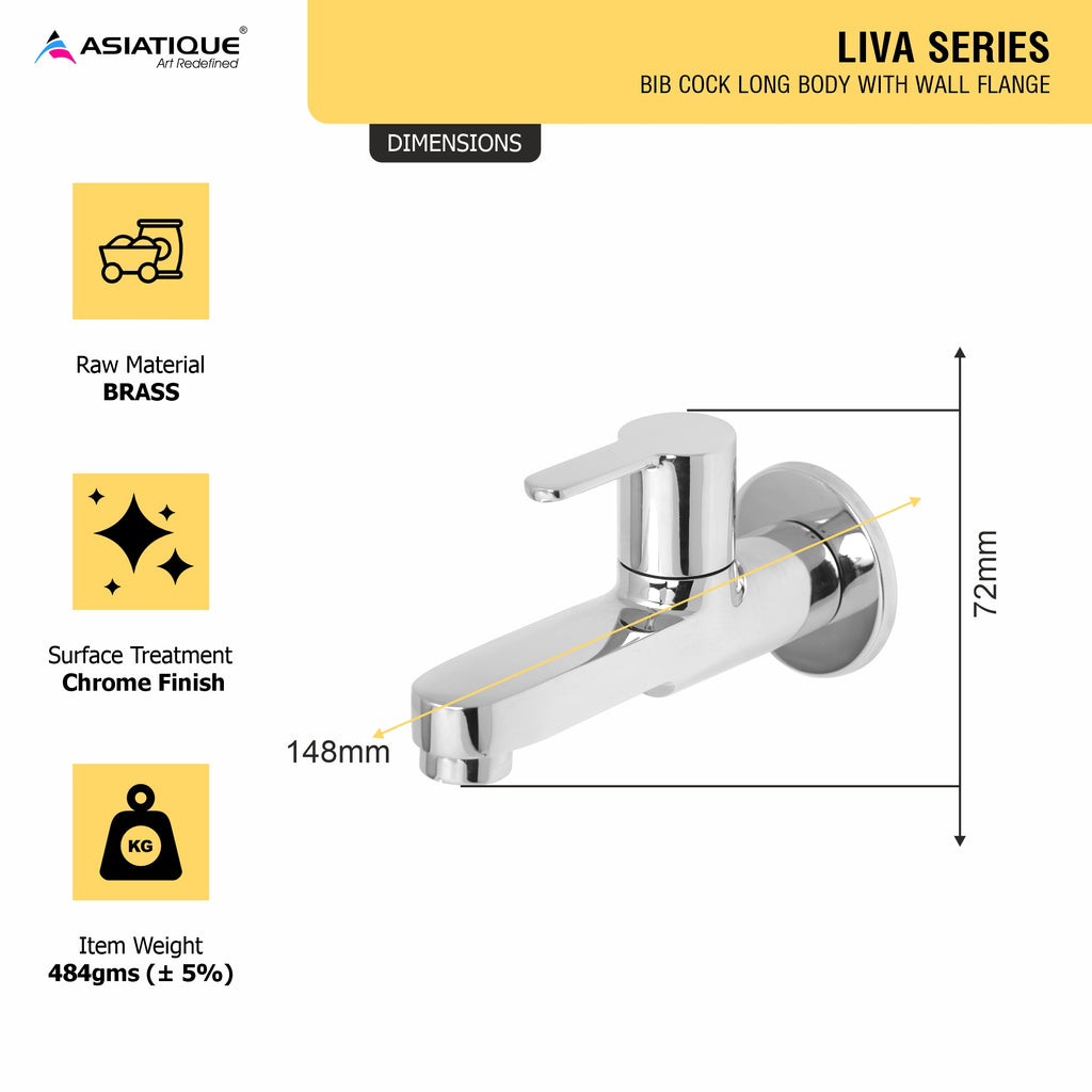 Asiatique Bib Cock Long Body With Wall Flange (LI-004), LIVA Series Kitchen & Bathroom Faucets | Premium Modern Tap Collection