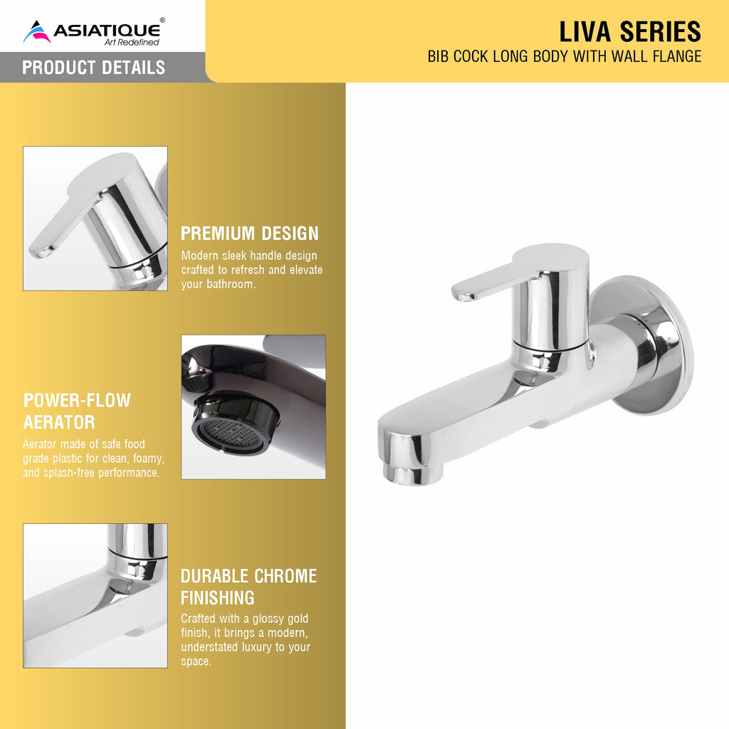 Asiatique Bib Cock Long Body With Wall Flange (LI-004), LIVA Series Kitchen & Bathroom Faucets | Premium Modern Tap Collection