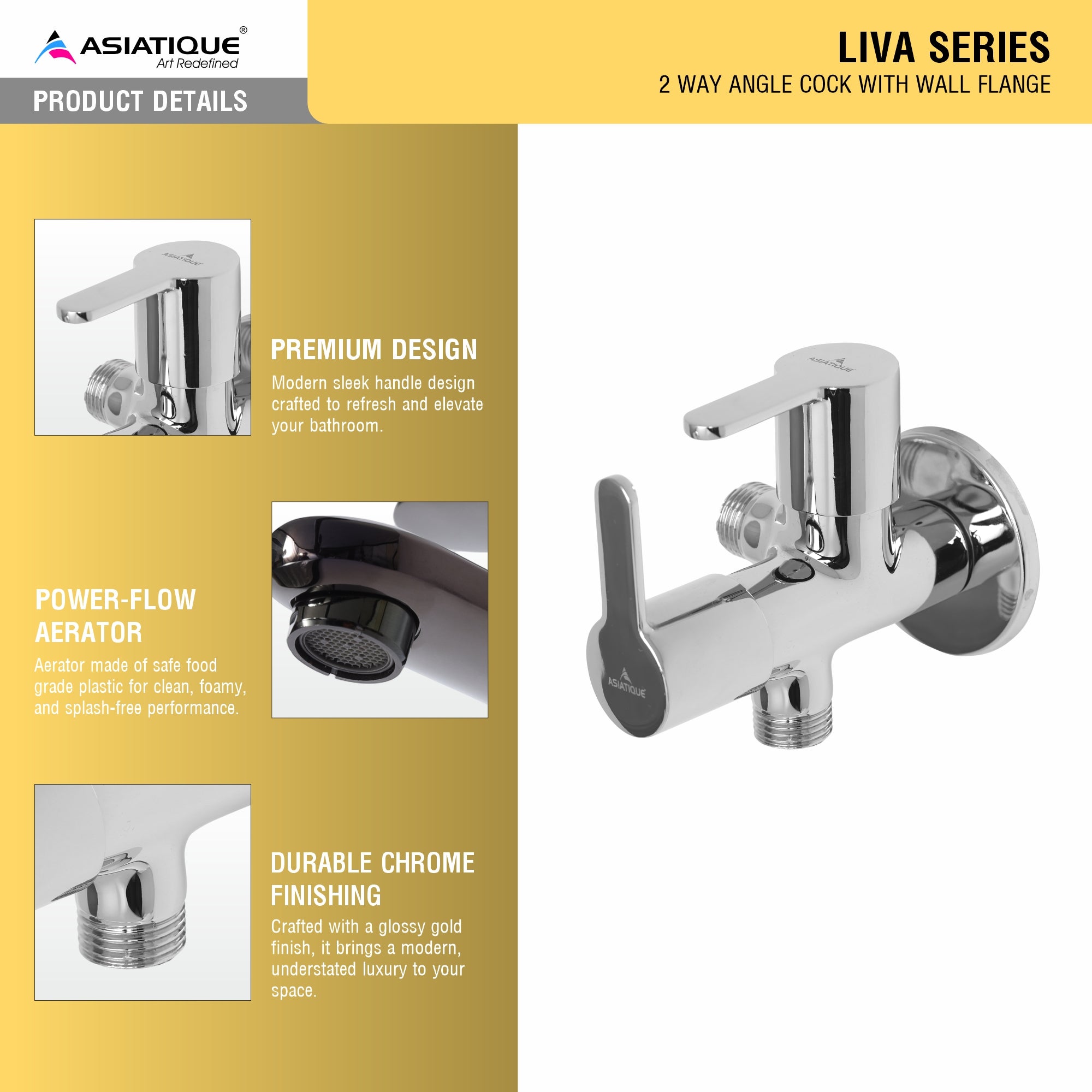 Asiatique 2 Way Angle Cock With Wall Flange (LI-005TW), LIVA Series Kitchen & Bathroom Faucets | Premium Modern Tap Collection