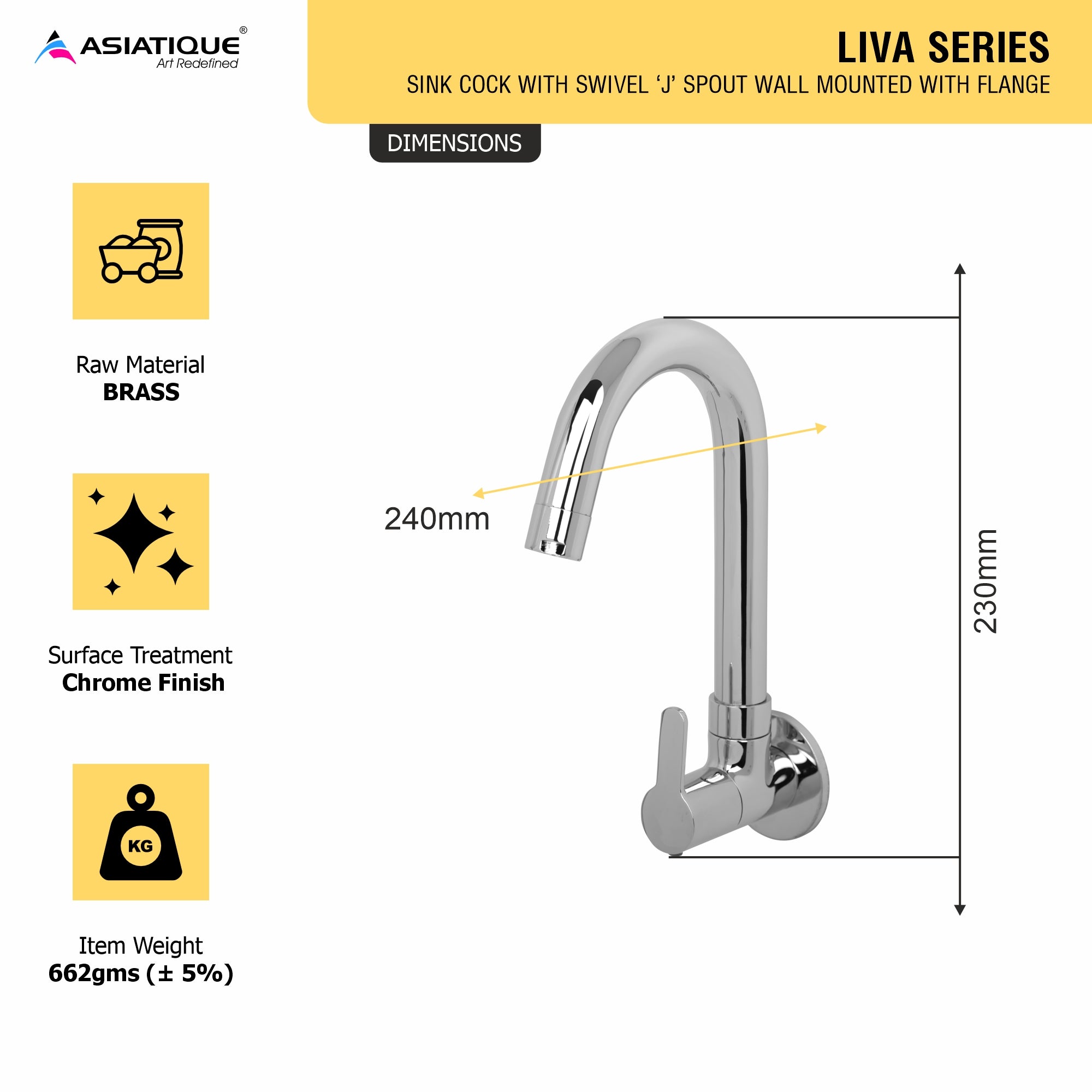 Asiatique Sink Cock With Swivel 'J' Spout Wall Mounted With Flange (LI-008), LIVA Series Kitchen & Bathroom Faucets | Premium Modern Tap Collection