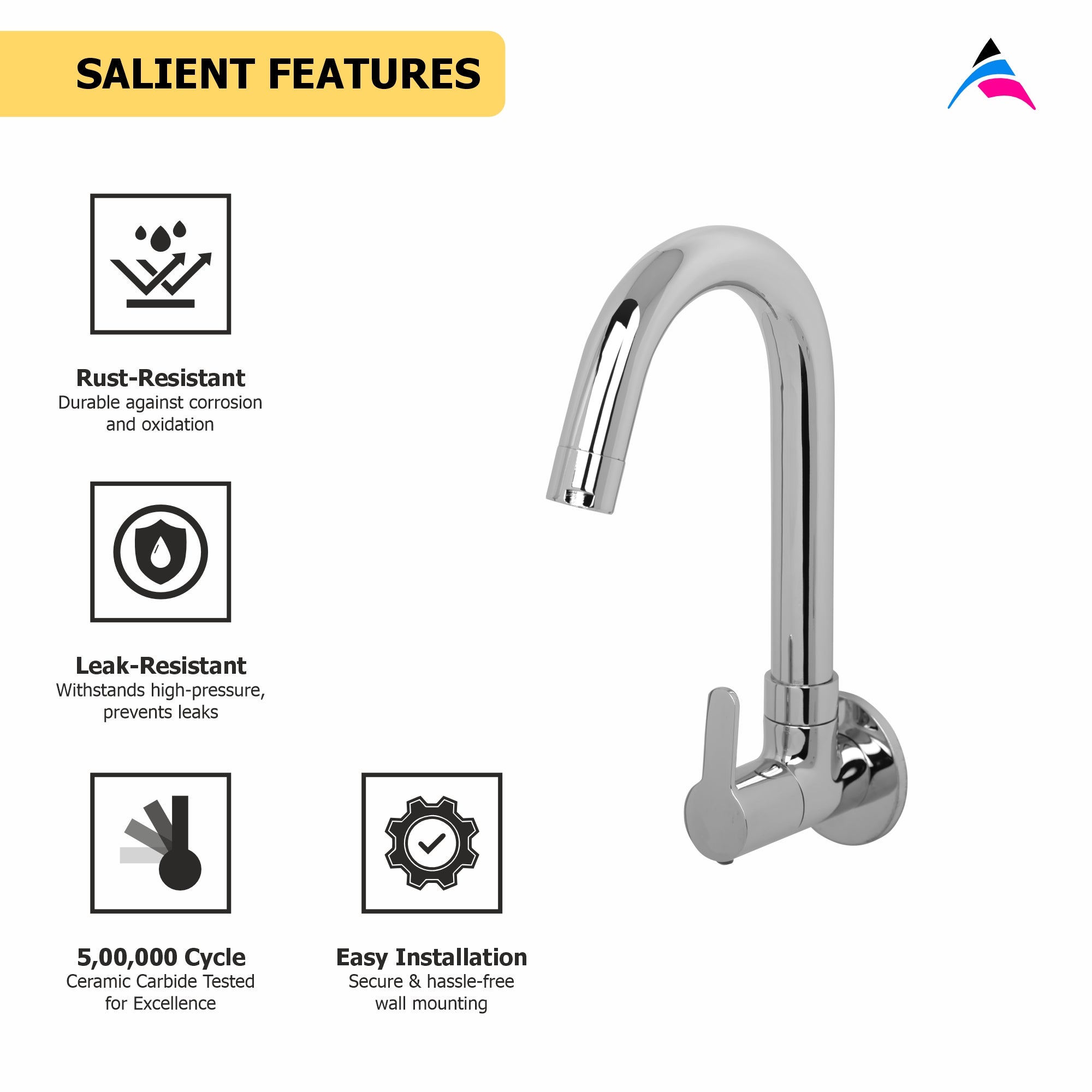 Asiatique Sink Cock With Swivel 'J' Spout Wall Mounted With Flange (LI-008), LIVA Series Kitchen & Bathroom Faucets | Premium Modern Tap Collection